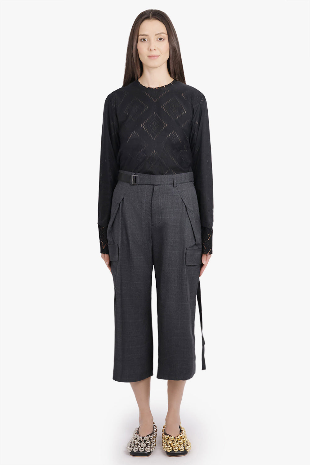 GLEN CHECK PRINT RELAXED TAPERED PANT WITH ADJUSTABLE STRAPS | GREY/BLACK - 2