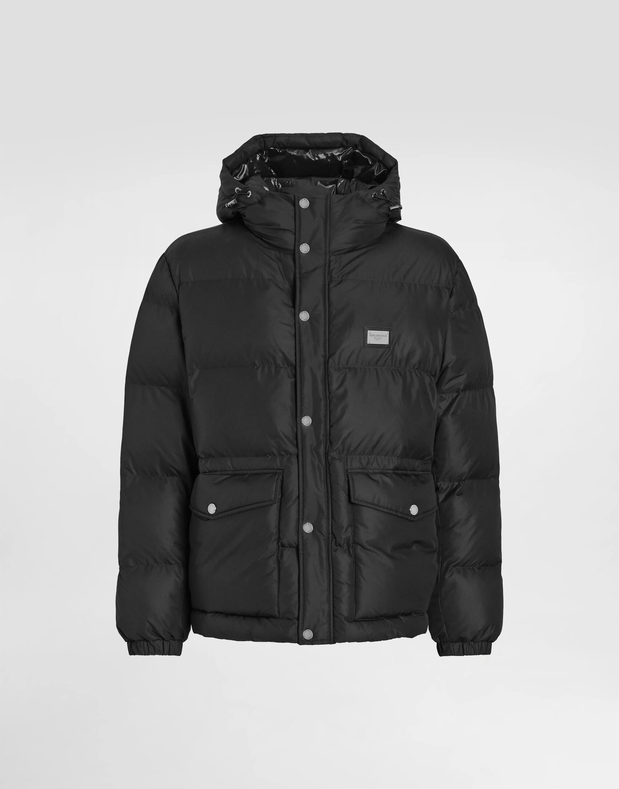Nylon down jacket with hood and branded tag - 1