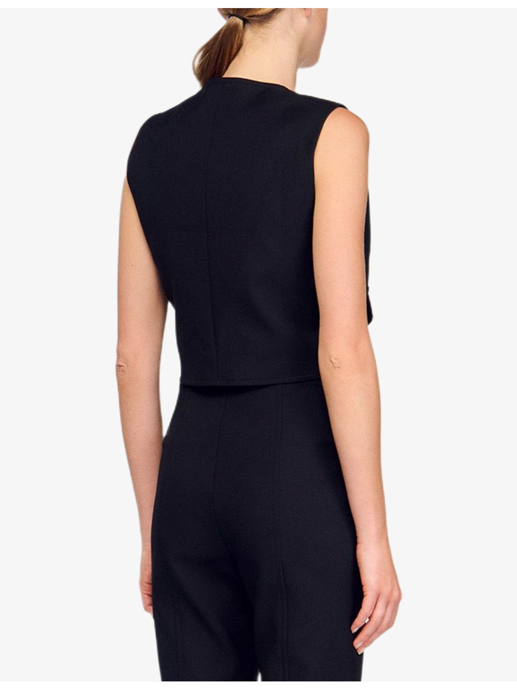 Round-Neck Button-Down Sleeveless Stretch-Woven Crop Top - 4