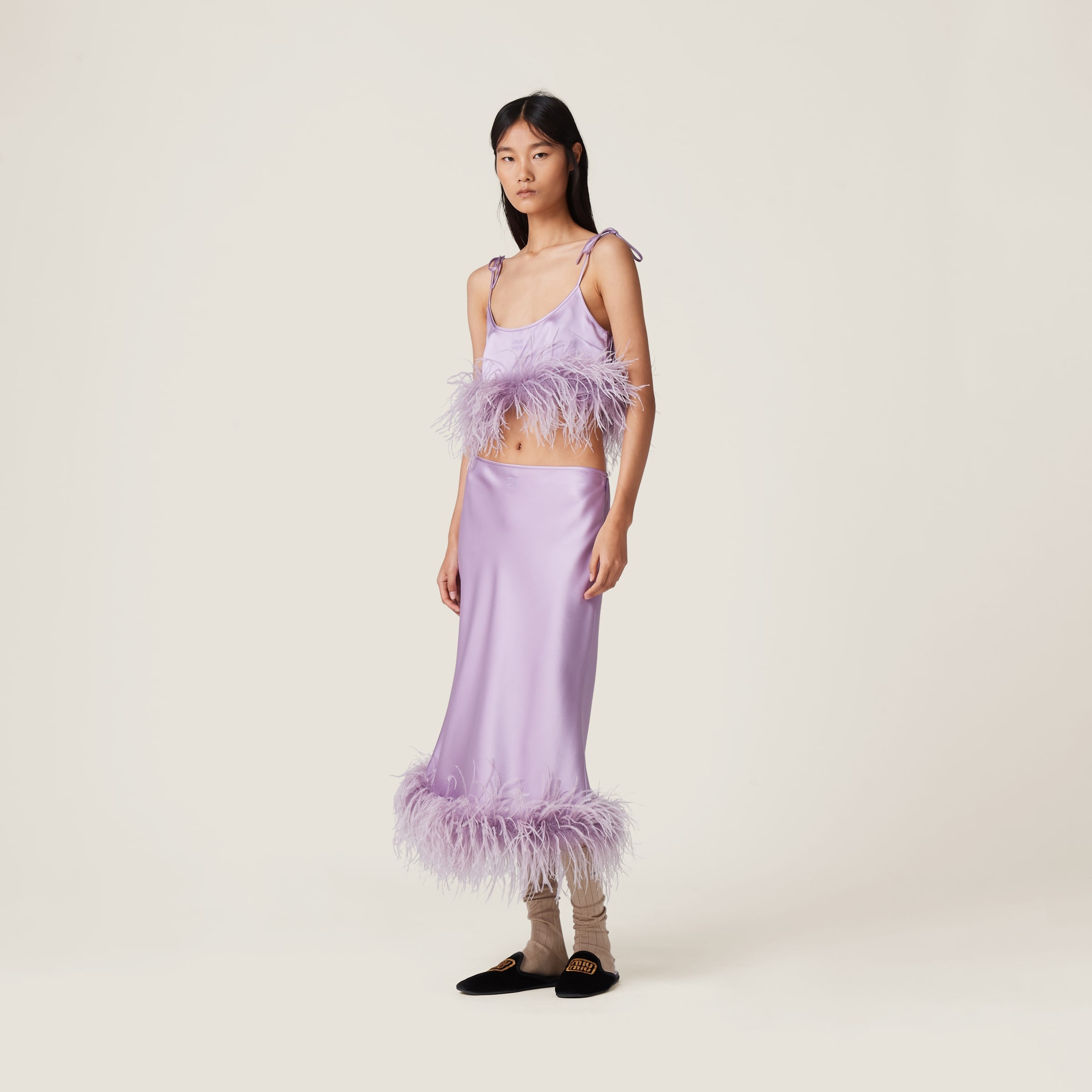 Miu Miu Feather-trimmed satin skirt | REVERSIBLE Miu Miu Feather-trimmed satin skirt | REVERSIBLE