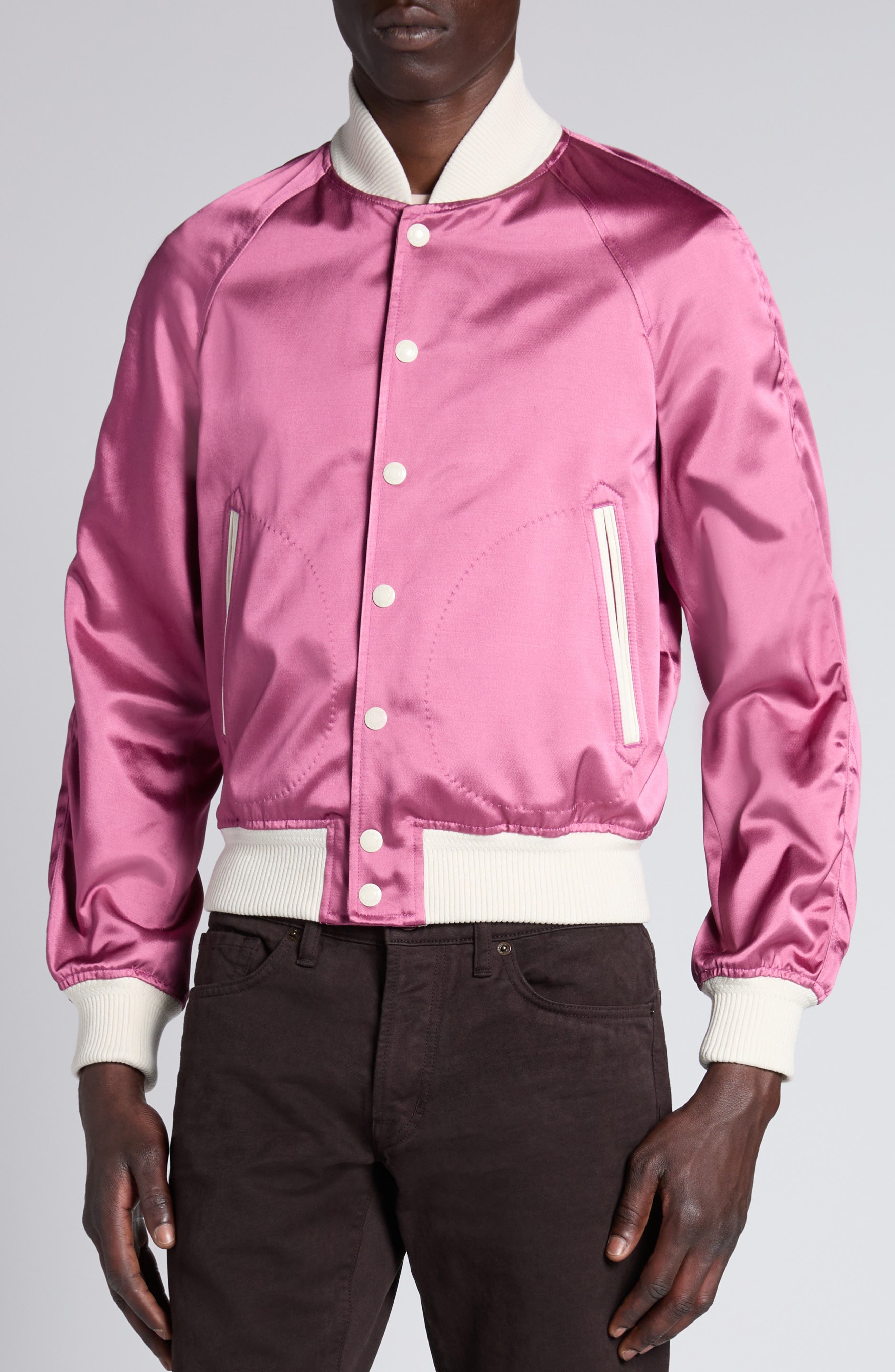 TOM FORD Shiny Satin Bomber Jacket in Xfuwh Fuxia/White at Nordstrom - 5