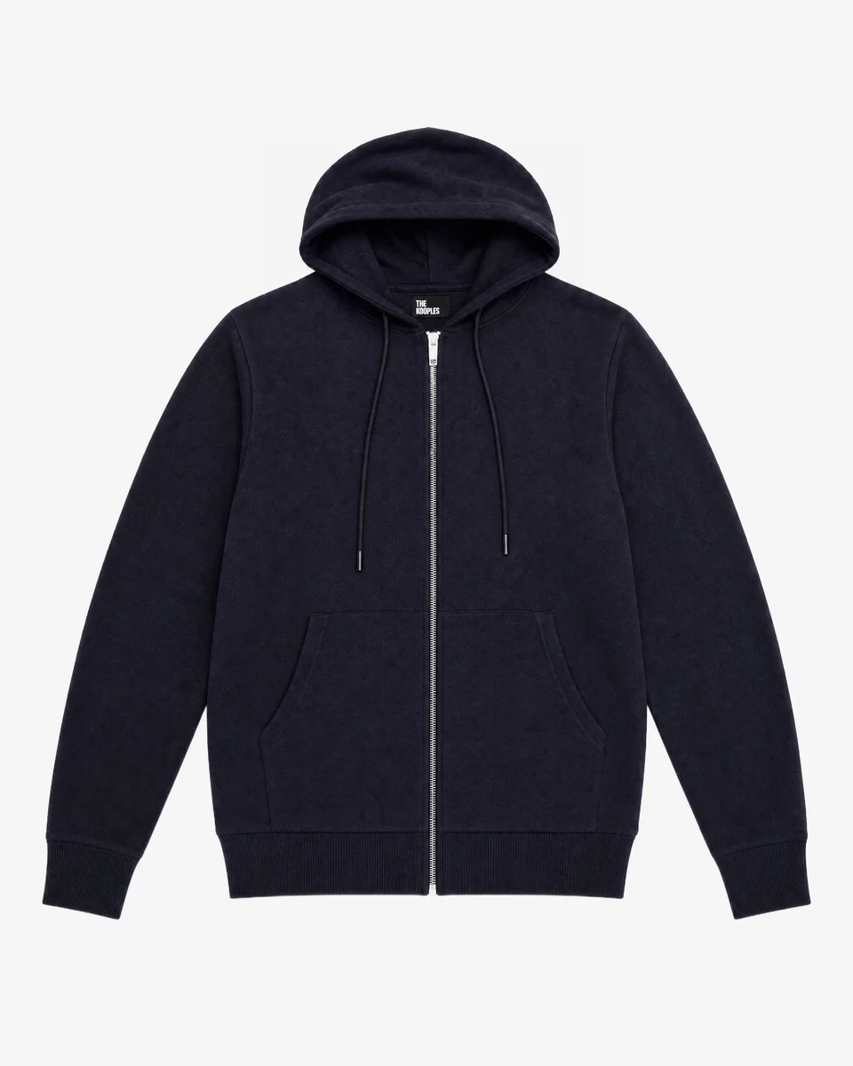 NAVY MERINO WOOL HOODED CARDIGAN - 1