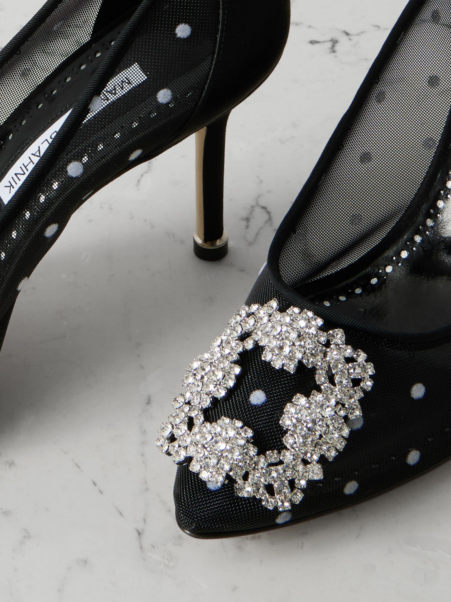 Hangisi 90 satin-trimmed crystal-embellished flocked mesh pumps Black - 4