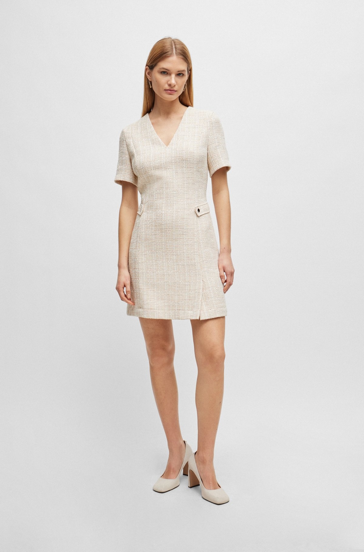 V-NECK DRESS IN MELANGE TWEED WITH HARDWARE-BUTTON TRIMS - 3