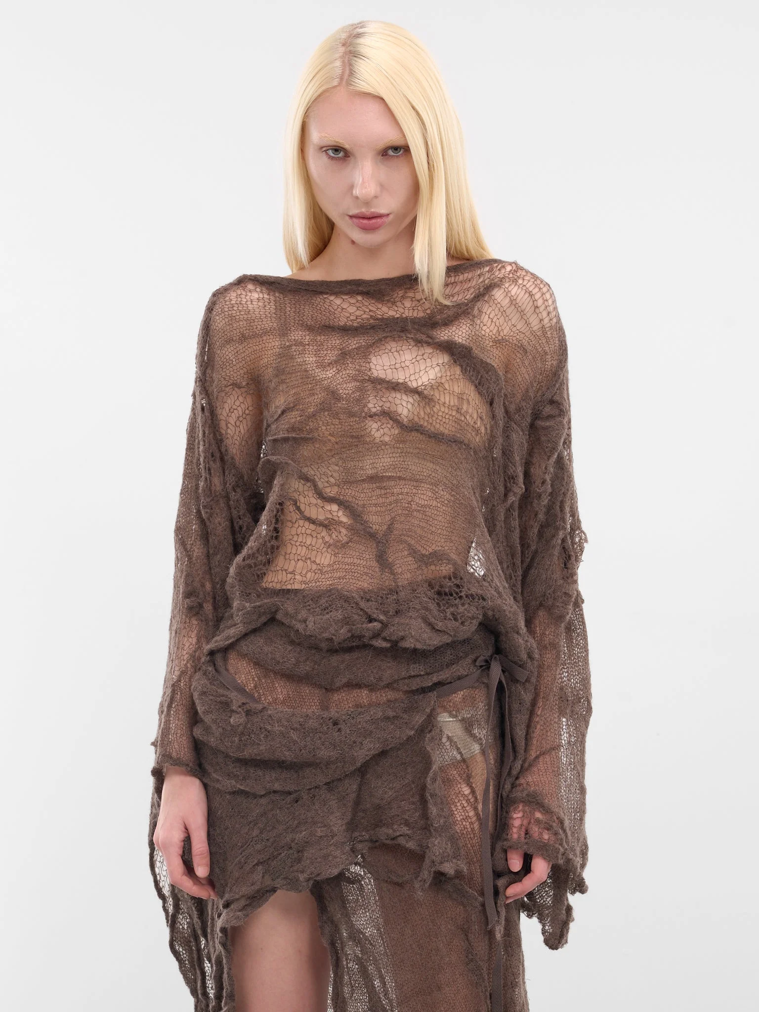 Beige Cilia Off-Shoulder Sheer Sweater - 1