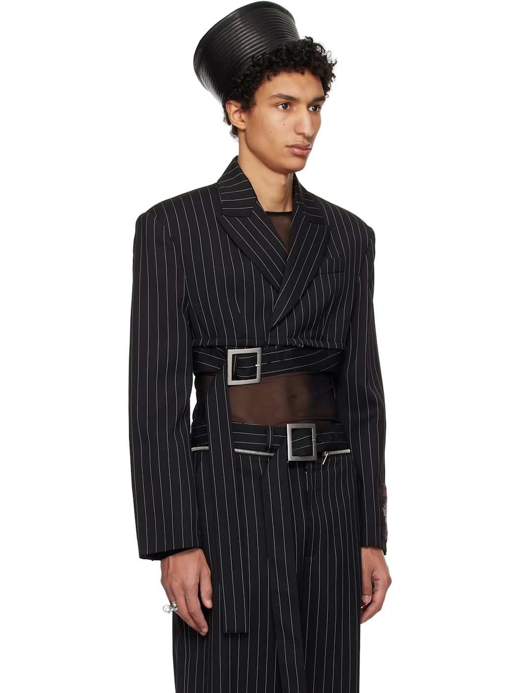Black Pinstripe Wool Cropped Tailored Blazer - 2