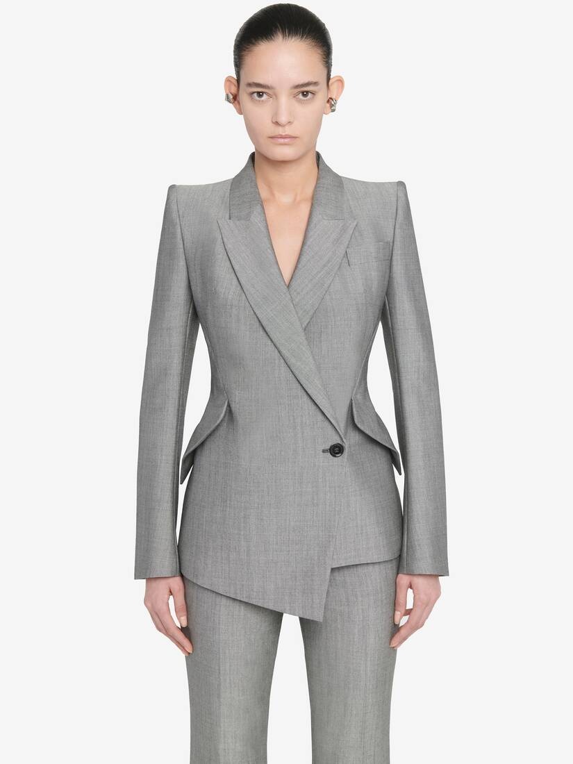 Women's Drop Hem Wool Mohair Jacket in Black/ivory - 5