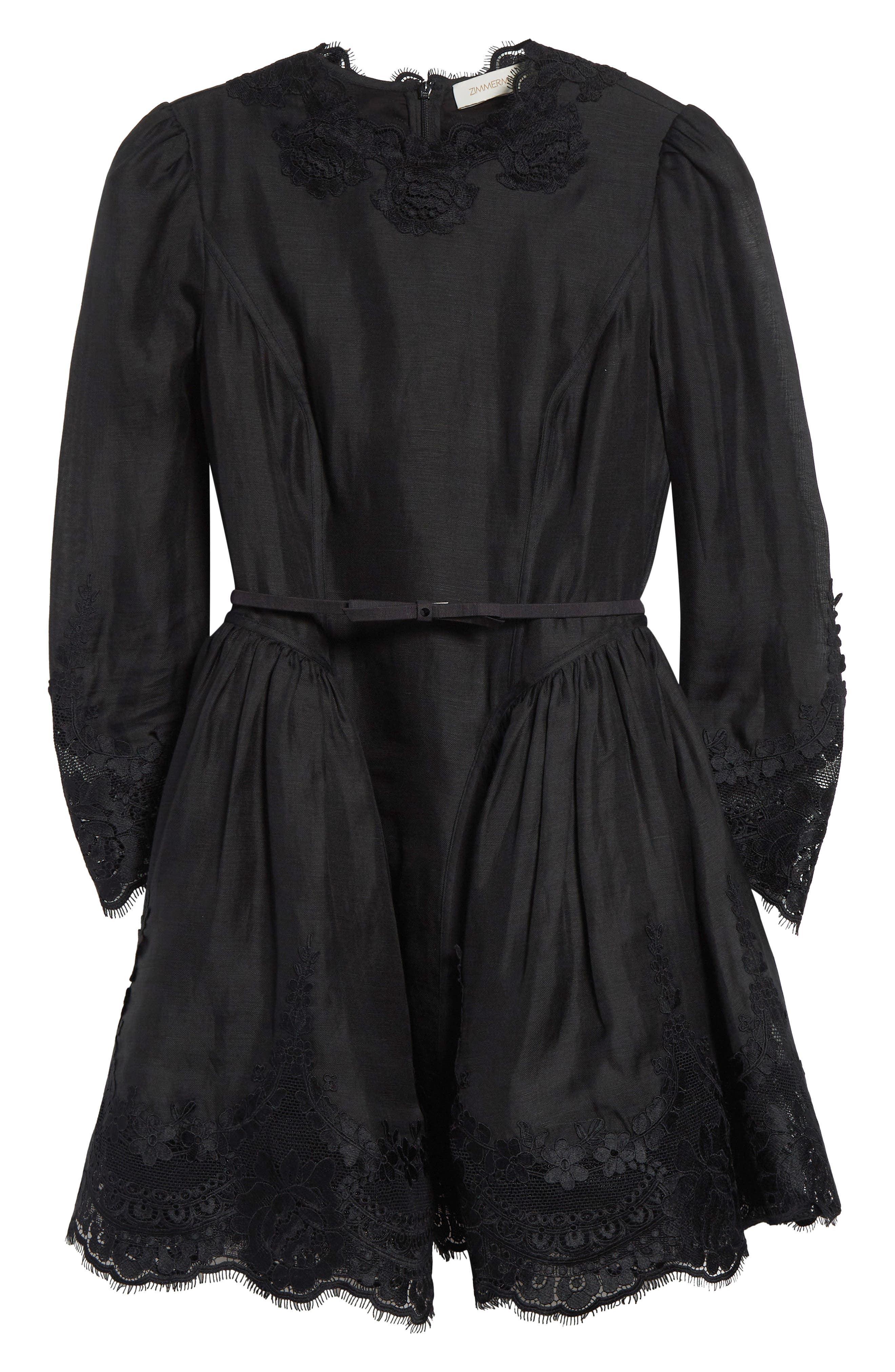 Zimmermann Hypnotic Lace Trim Long Sleeve Belted Linen & Silk Minidress in Black at Nordstrom - 5
