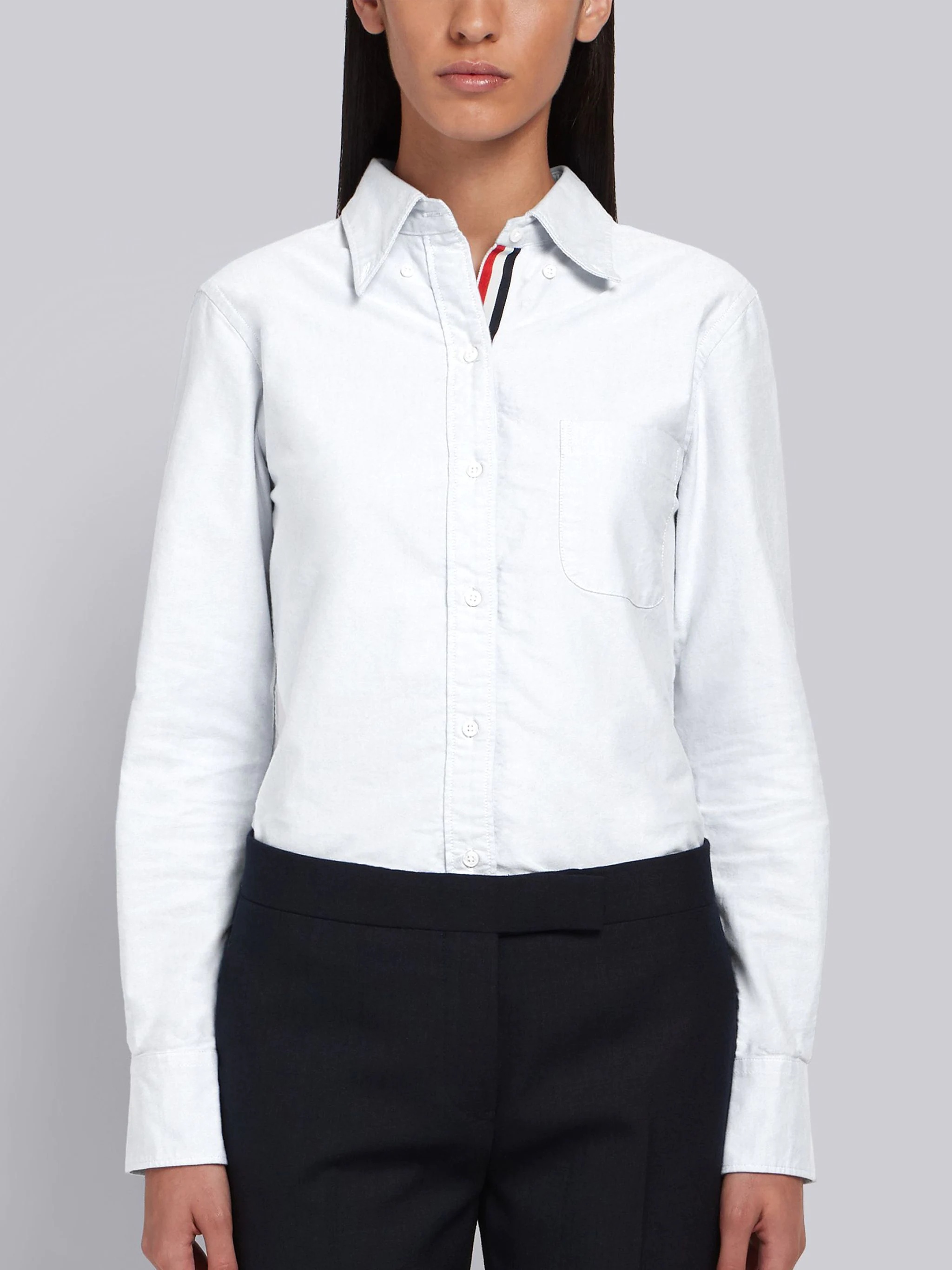 White Classic Oxford Grosgrain Placket Long Sleeve Shirt - 1
