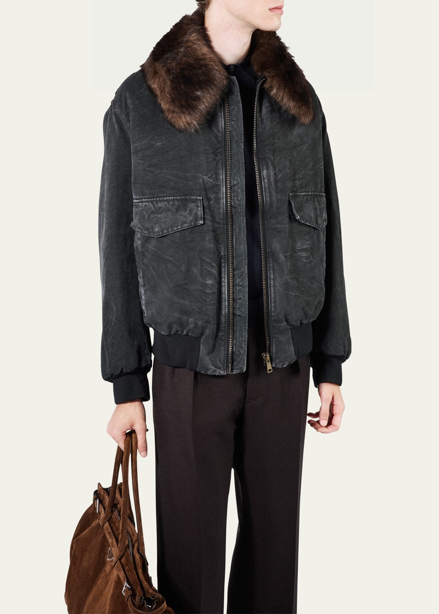 Prada Men's Canvas Jacket with Removable Shearling Collar