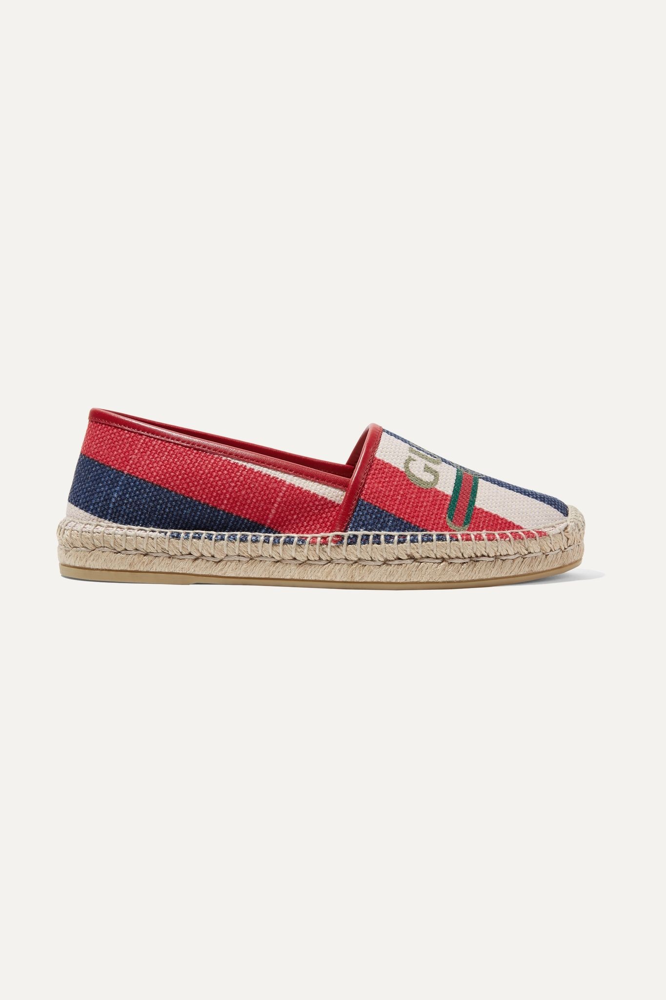 Leather-trimmed striped logo-print canvas espadrilles - 1