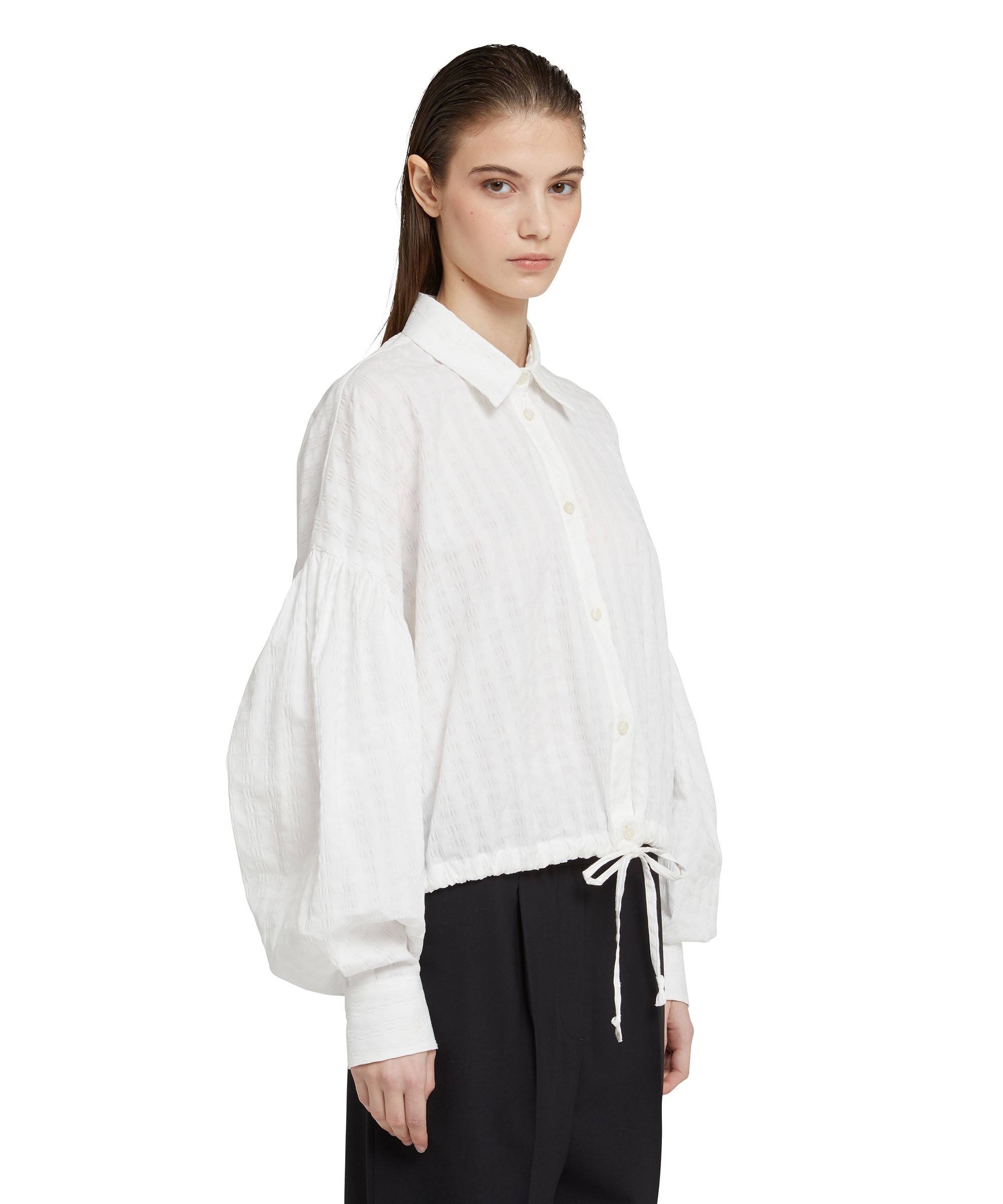 Poplin seersucker crop shirt with puffed sleeves - 4
