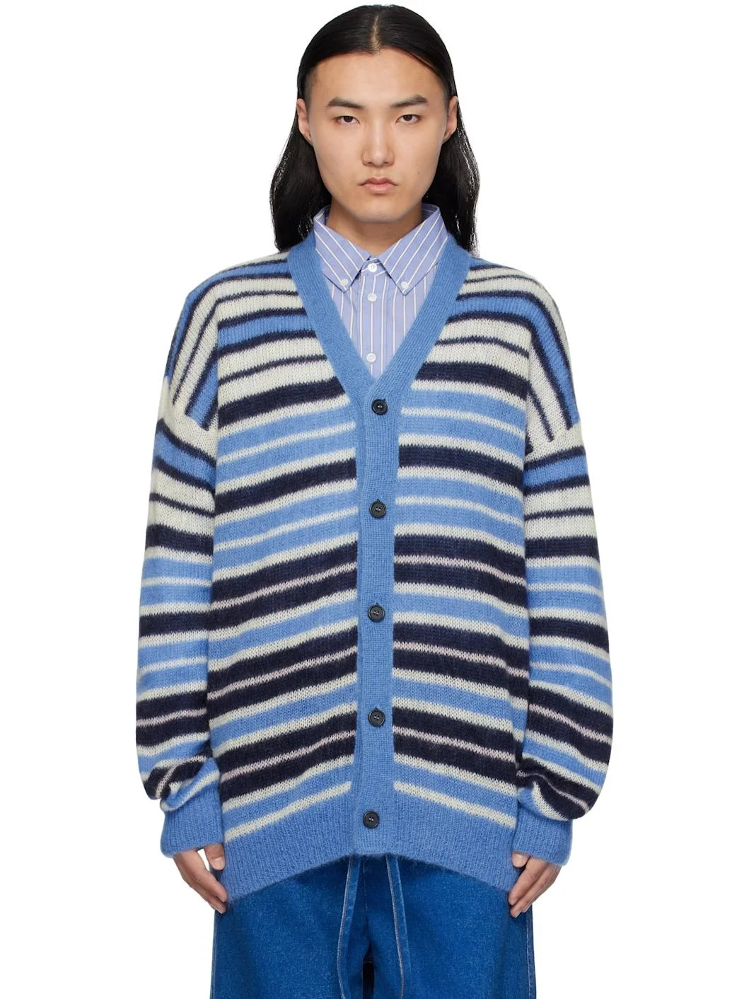 Blue & Black Lightweight Fuzzy Wuzzy Stripe Cardigan - 1
