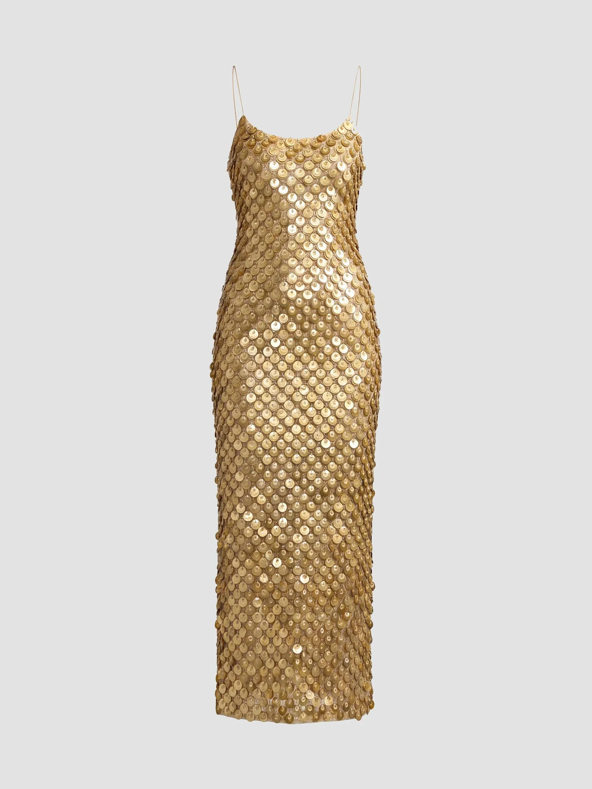 Women's Paillette Mesh Spaghetti Strap Column Dress - Gold - 1
