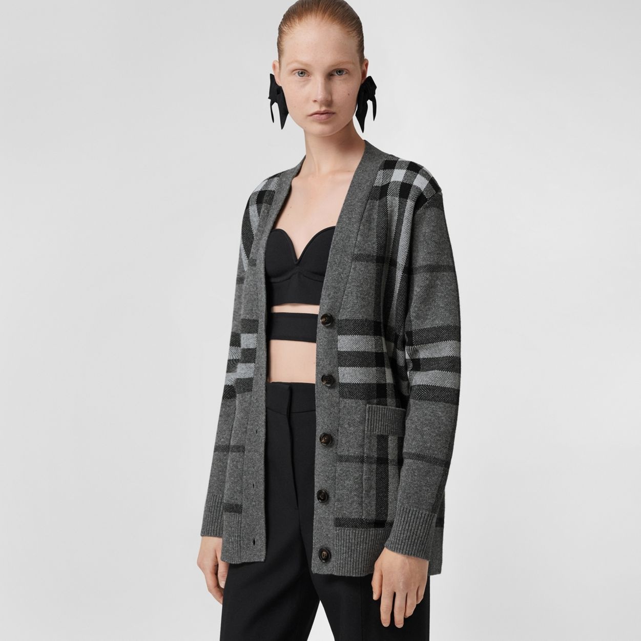 Check Wool Cashmere Jacquard Oversized Cardigan - 2