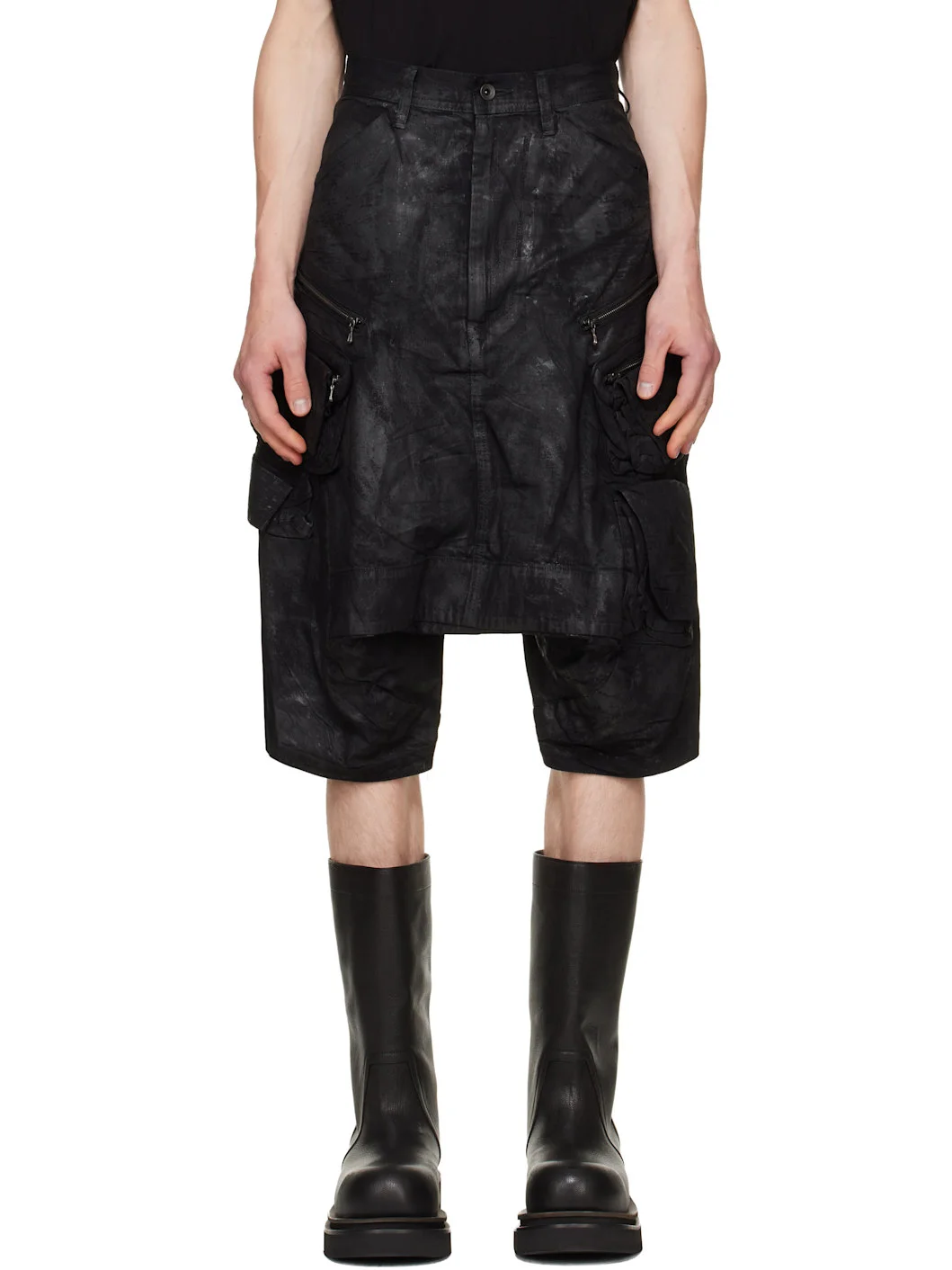 Black Coated Tactical Kite Denim Shorts - 1