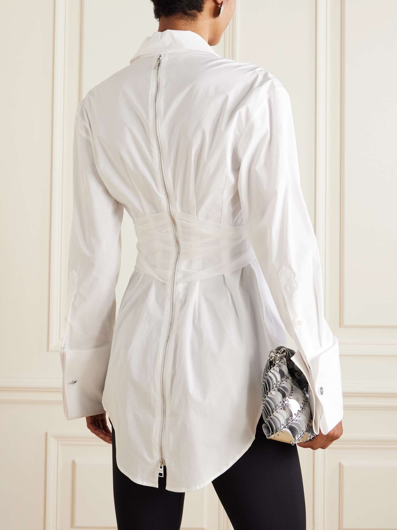 Draped silk organza-trimmed cotton-blend poplin shirt White - 3