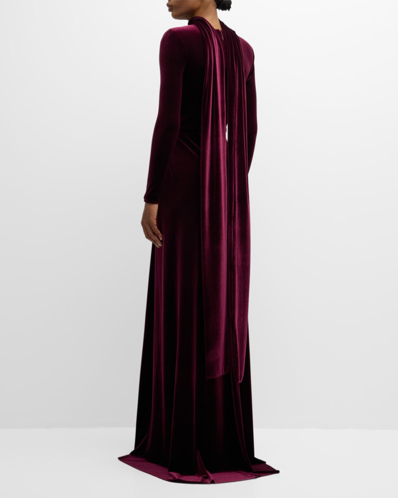 Square-Neck Long-Sleeve Velvet Scarf Gown 4