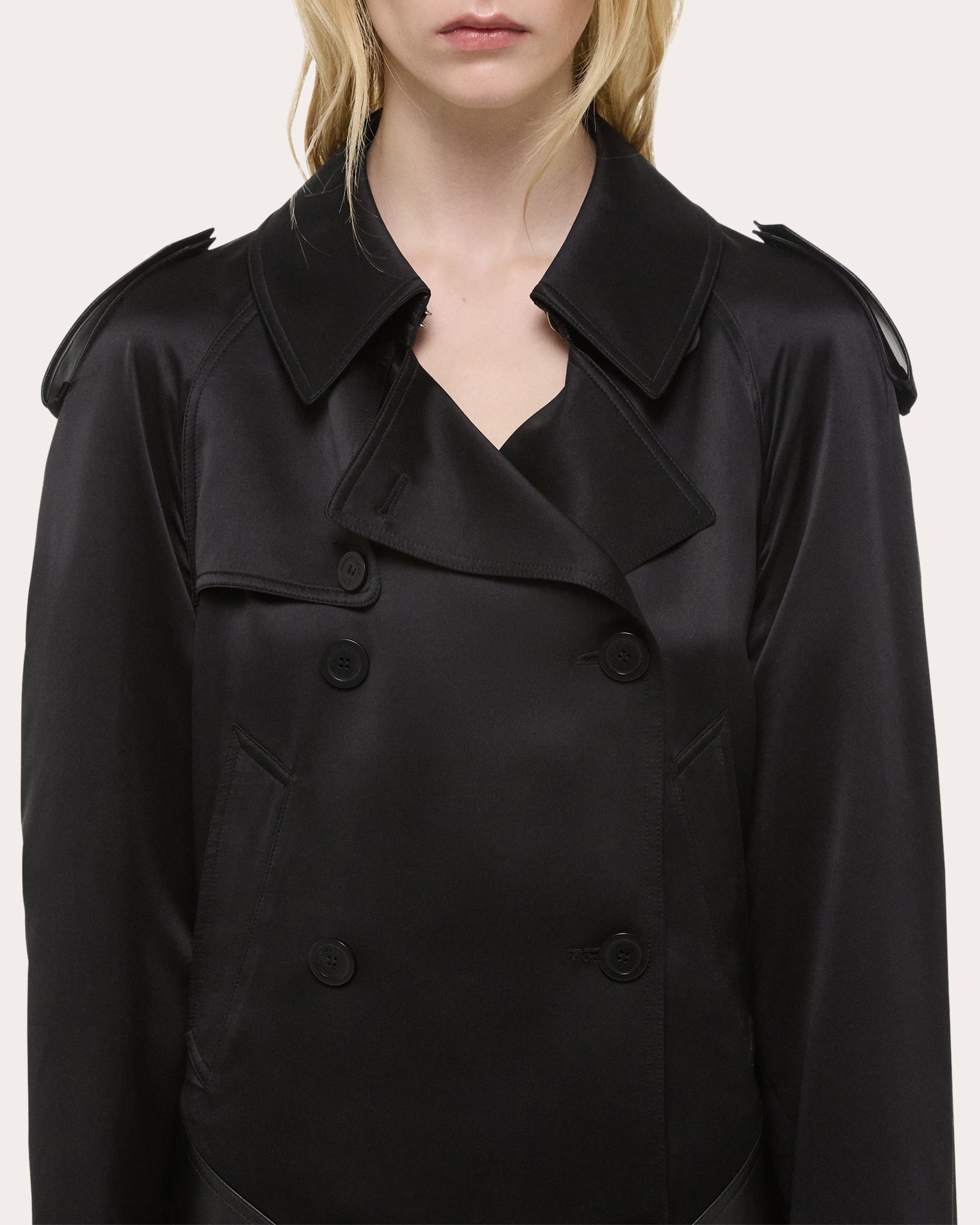 Leather Trimmed Silk Chiffon Trench Coat - 4