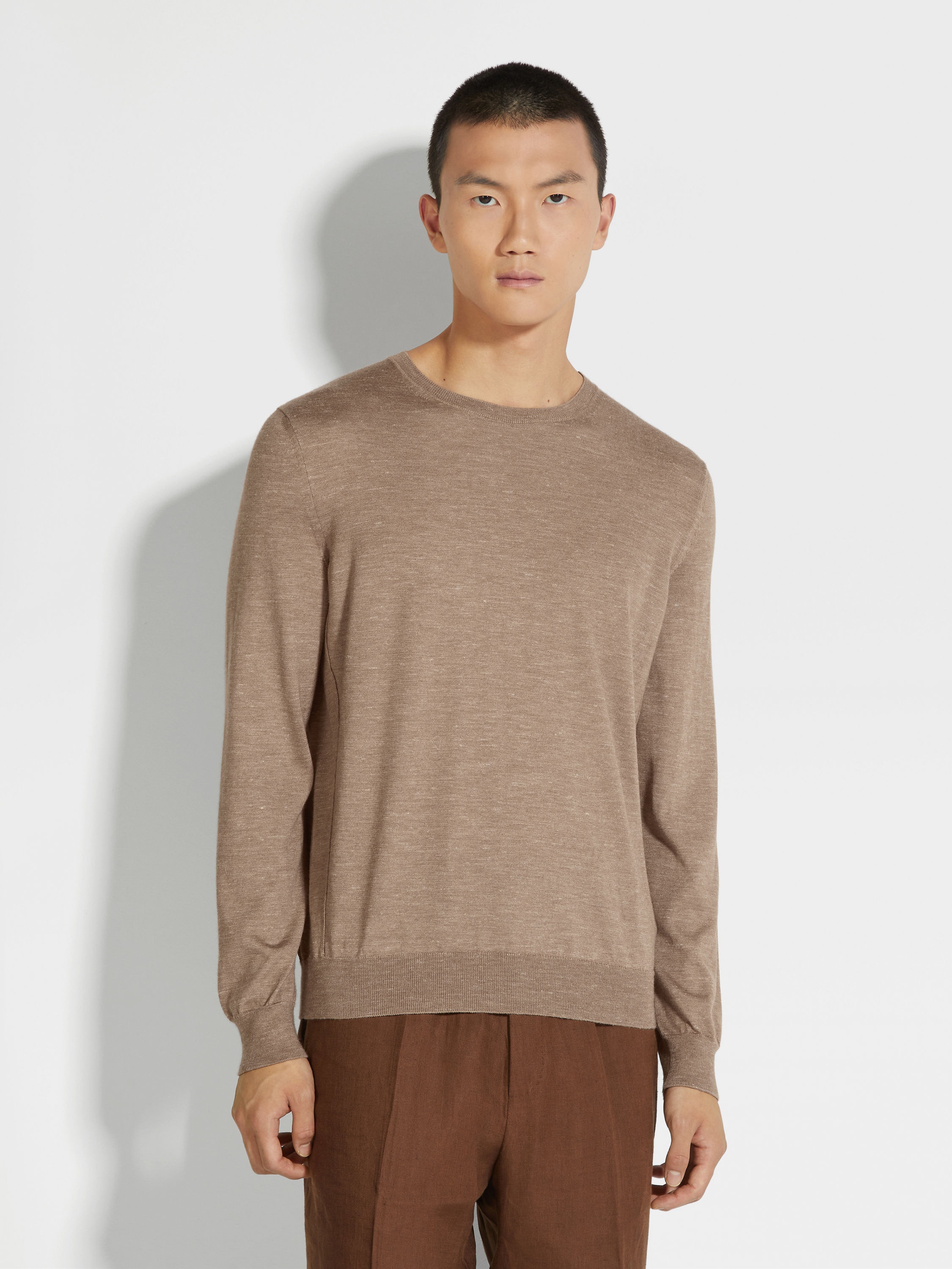 LIGHT BROWN MÉLANGE SILK CASHMERE AND LINEN CREWNECK - 4