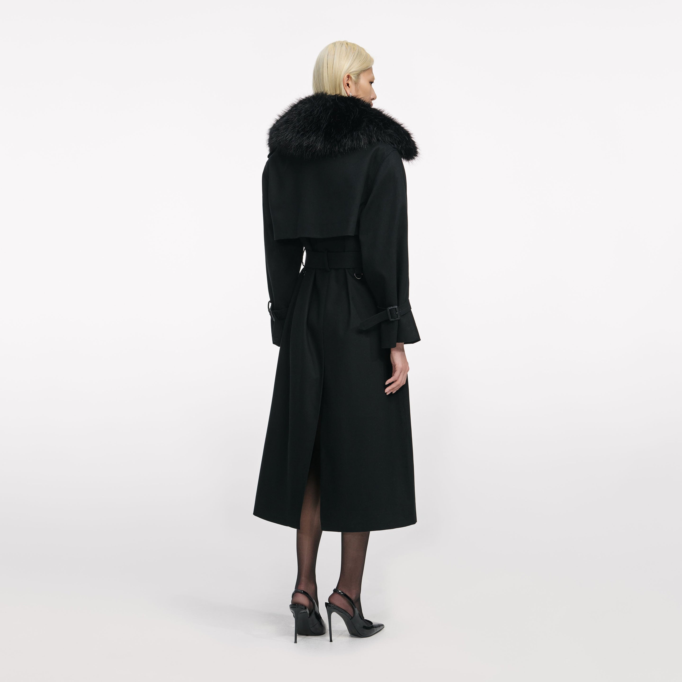 Black Twill Fur Collar Trench Coat - 3