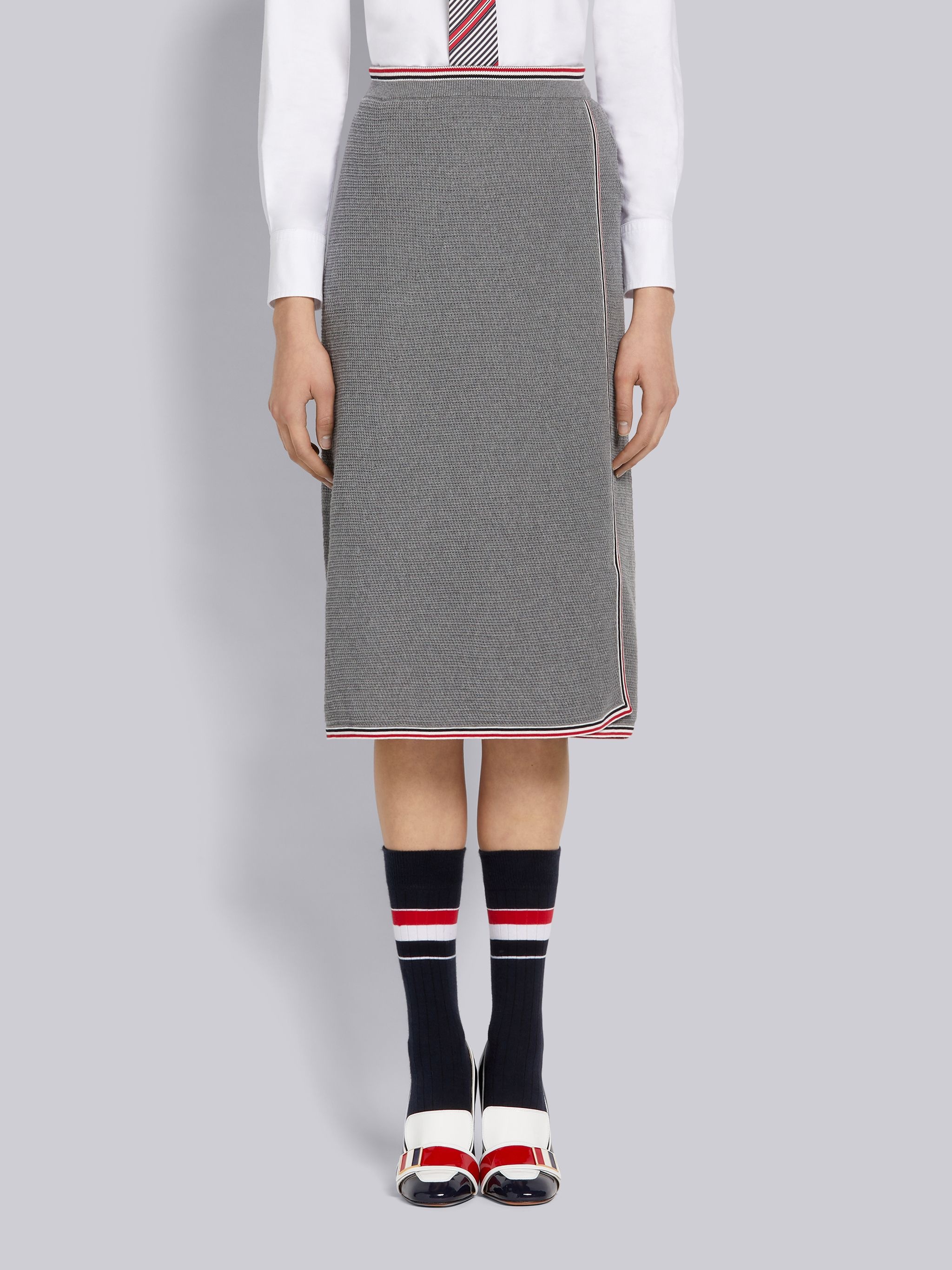 Light Grey Overtwisted Textured Cotton Stripe A-line Wrap Skirt - 1