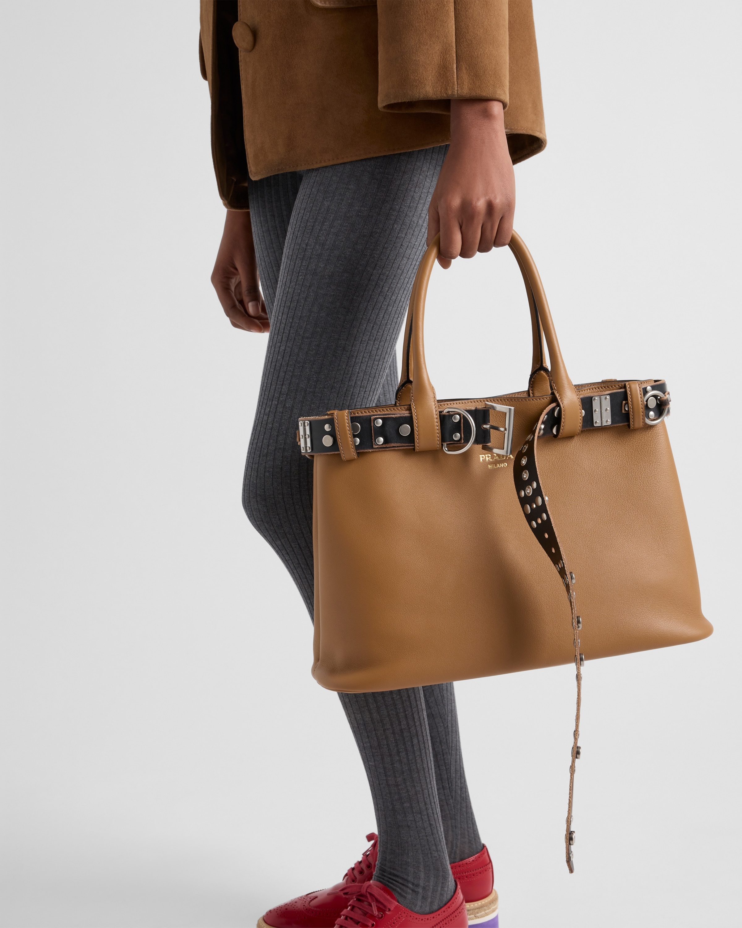 Large Prada Buckle leather bag with studded belt - 7