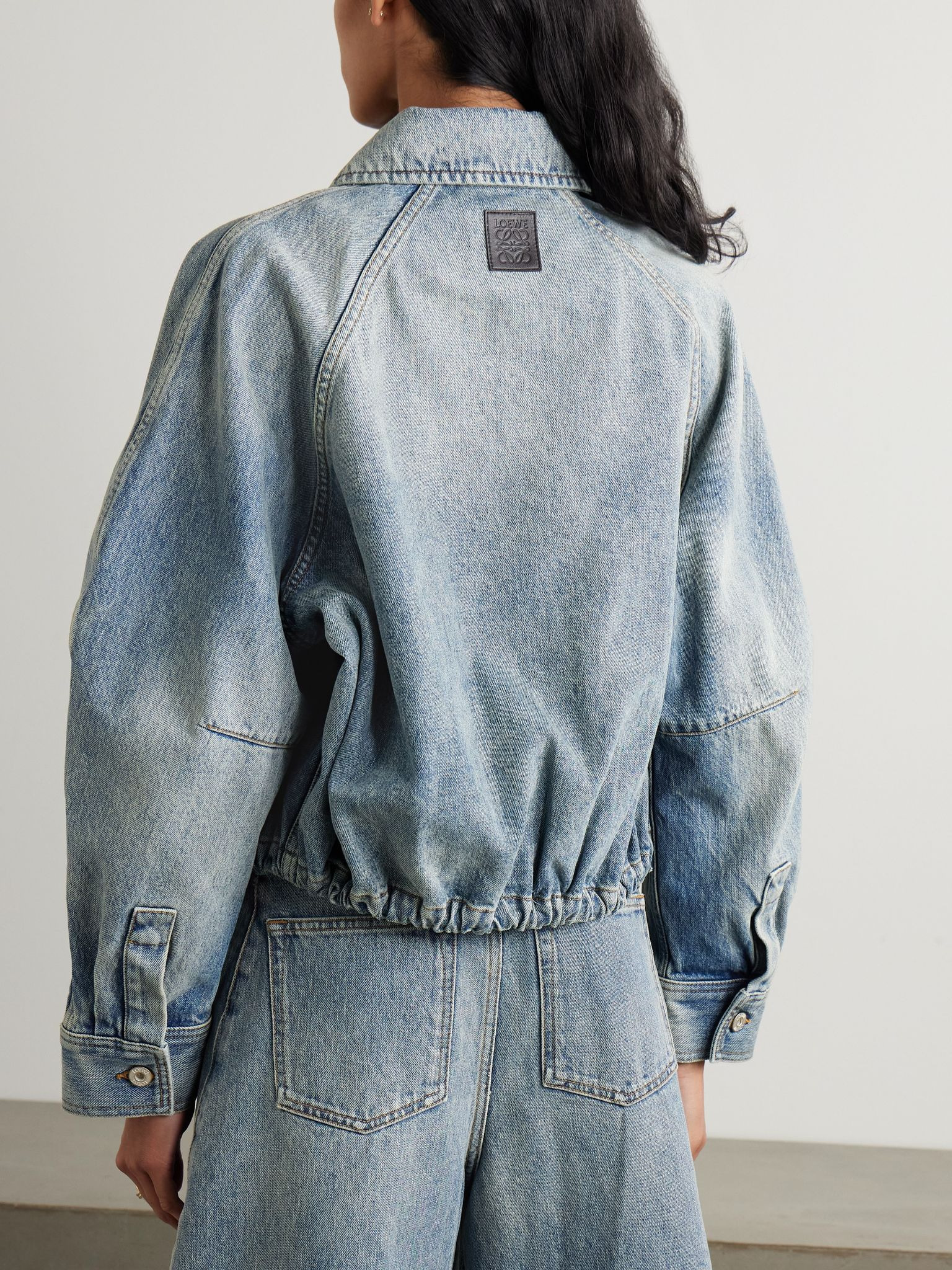 Leather-trimmed denim bomber jacket Blue - 3