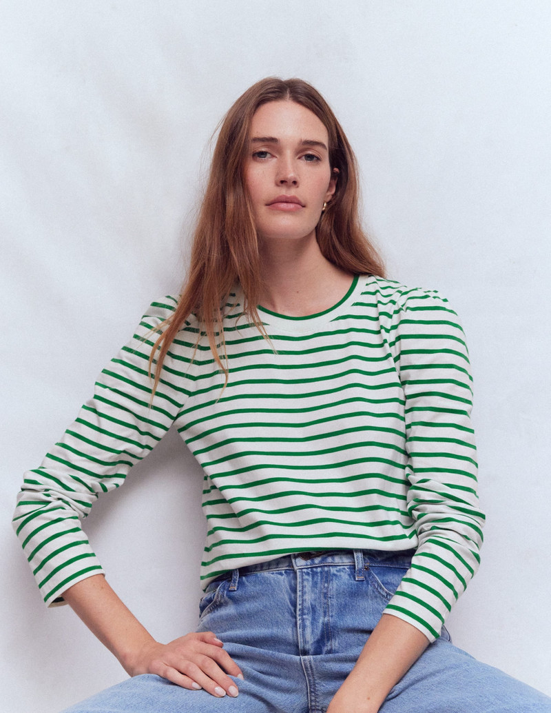 Pleat Sleeve Stripe Top-Jewel Green and Ivory Stripe 5