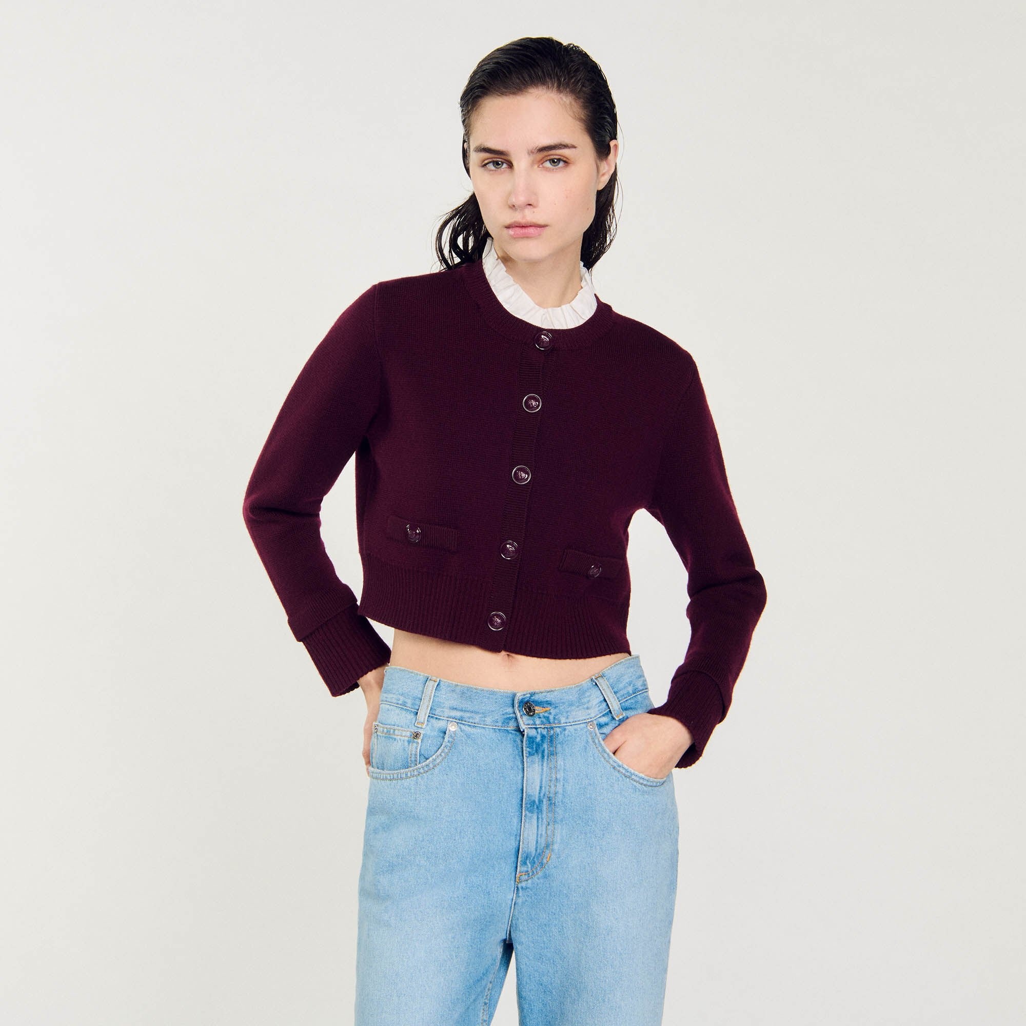 KNIT CARDIGAN WITH RUFFLED COLLAR - 4