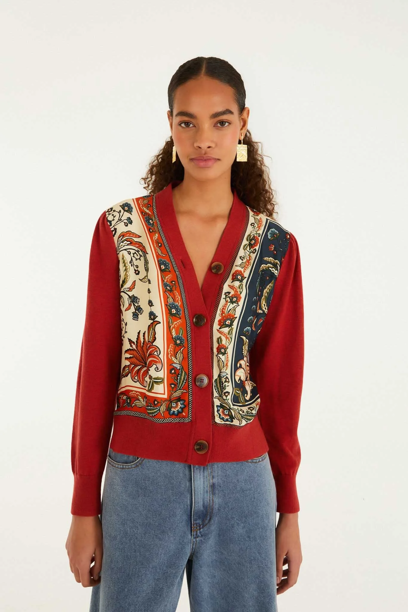 Red Ainika Garden Scarf Buttoned Knit Cardigan - 1