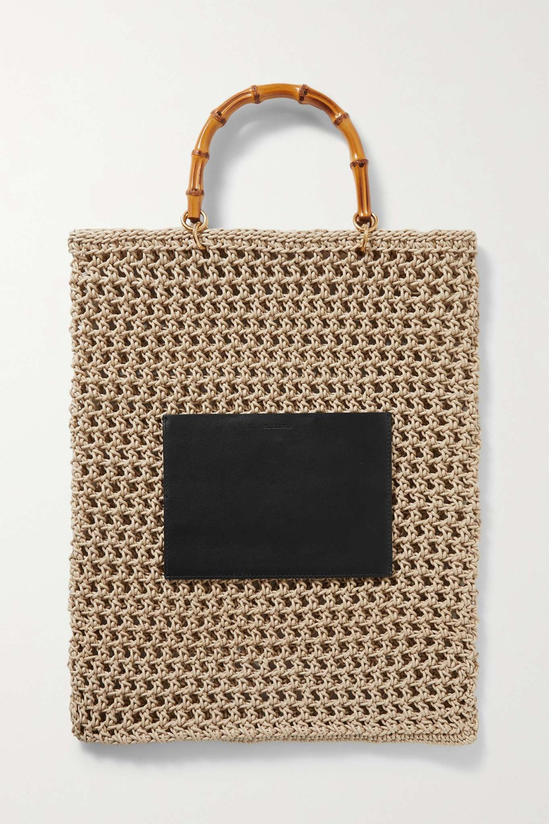 Leather-trimmed crocheted rope tote 1