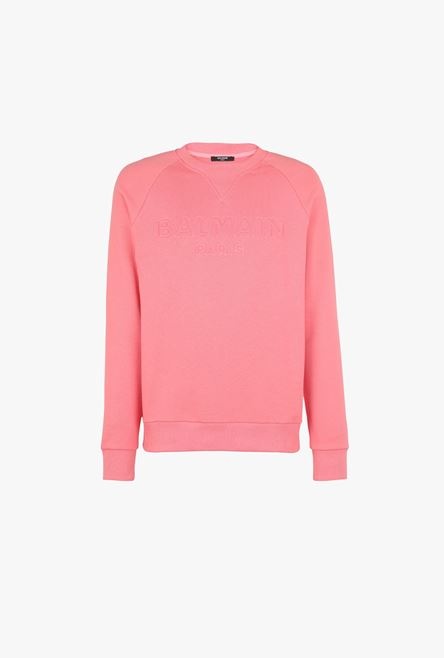 Salmon pink cotton sweatshirt with embossed Balmain logo - 1