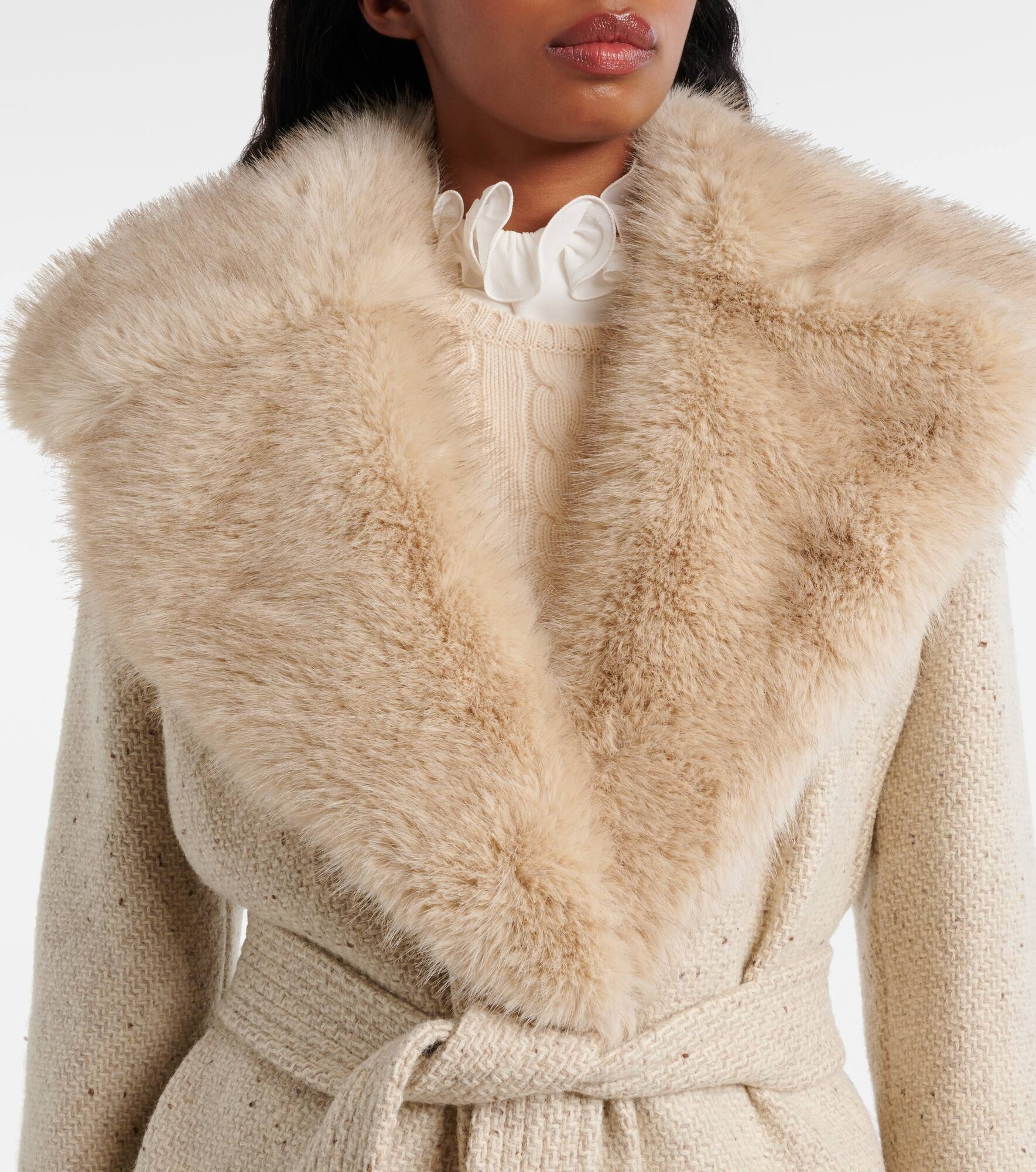 Faux fur-trimmed virgin wool wrap coat - 4