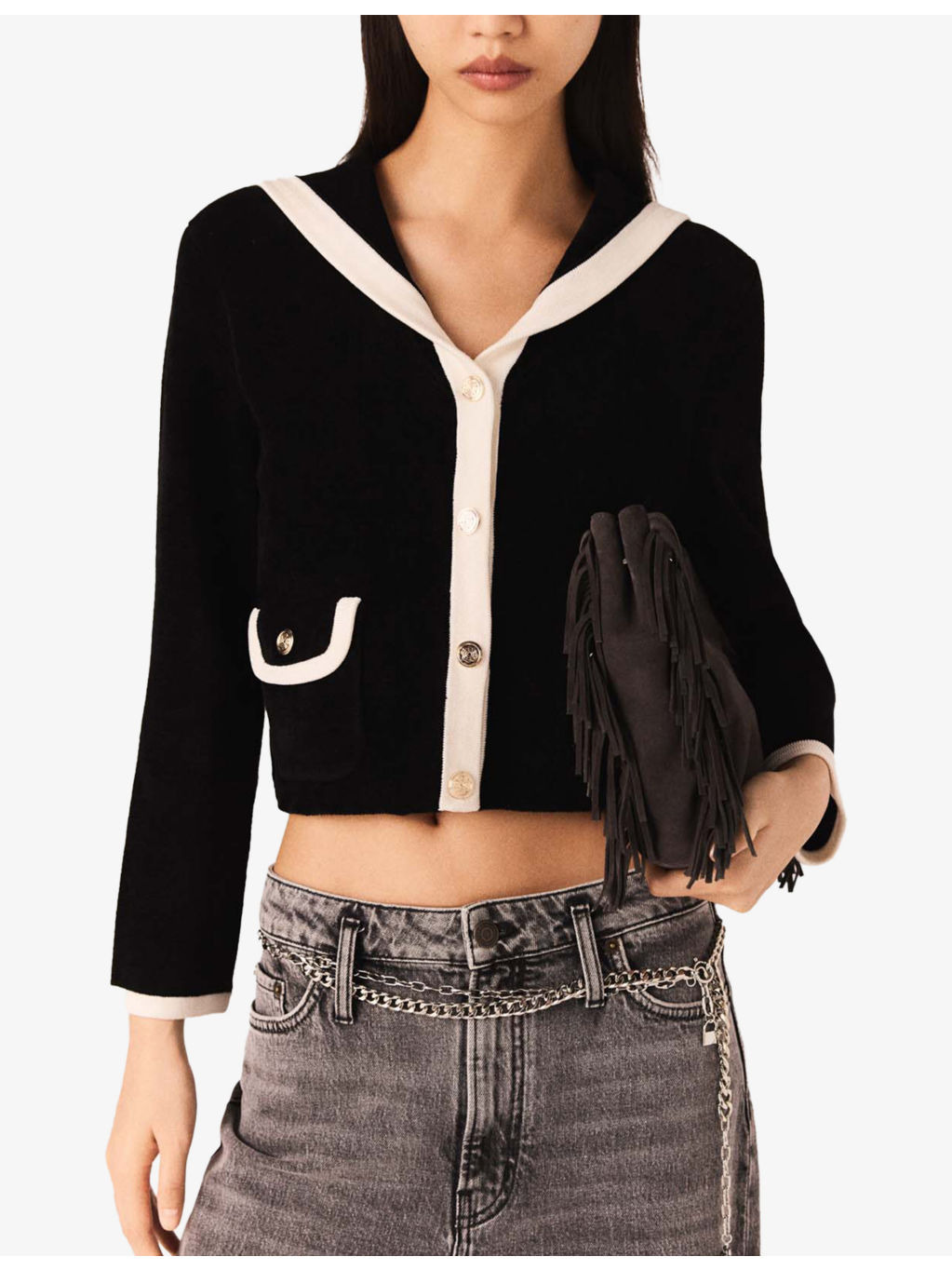 Sailor-Collar Button-Down Stretch-Velvet Cardigan - 3