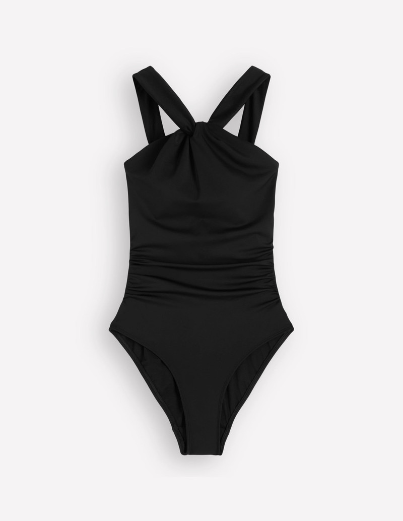 Pleated Strap Cross Swimsuit-Black - 1