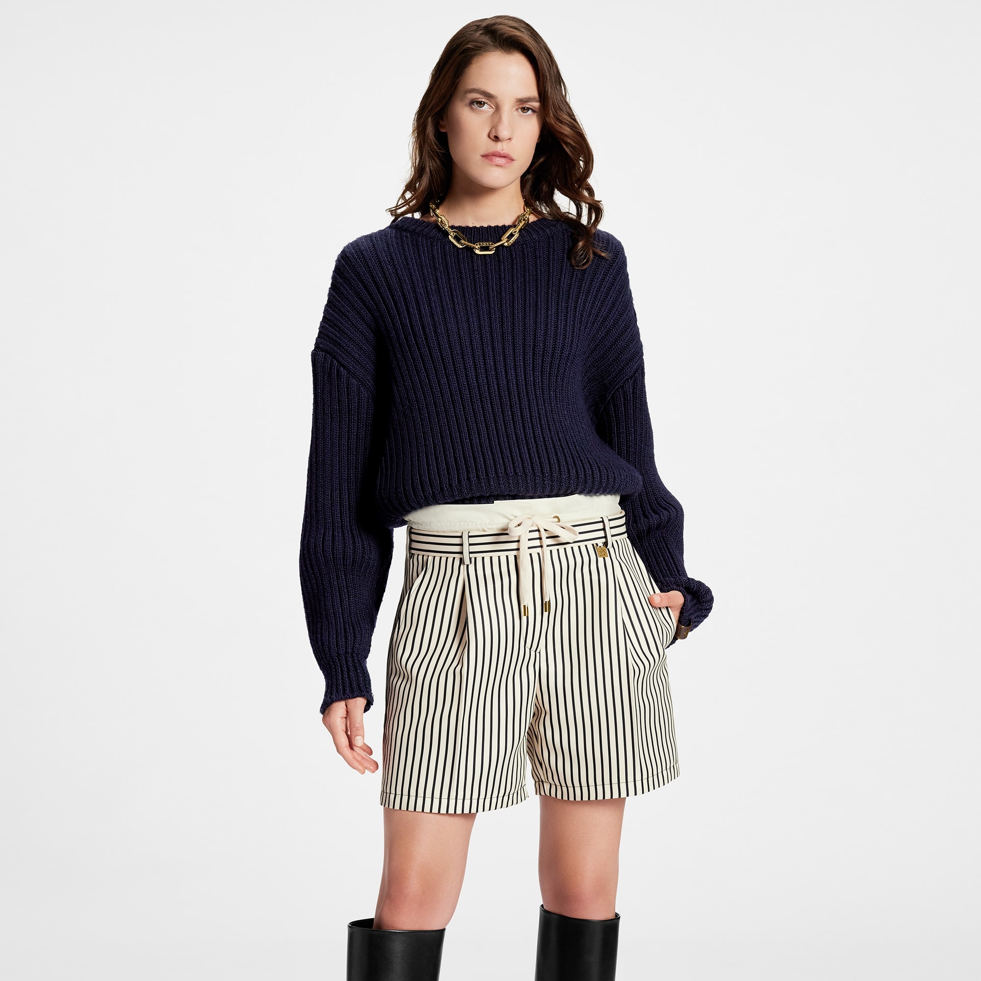 Stripe Print Trompe L’Oeil Paperbag Shorts - 5