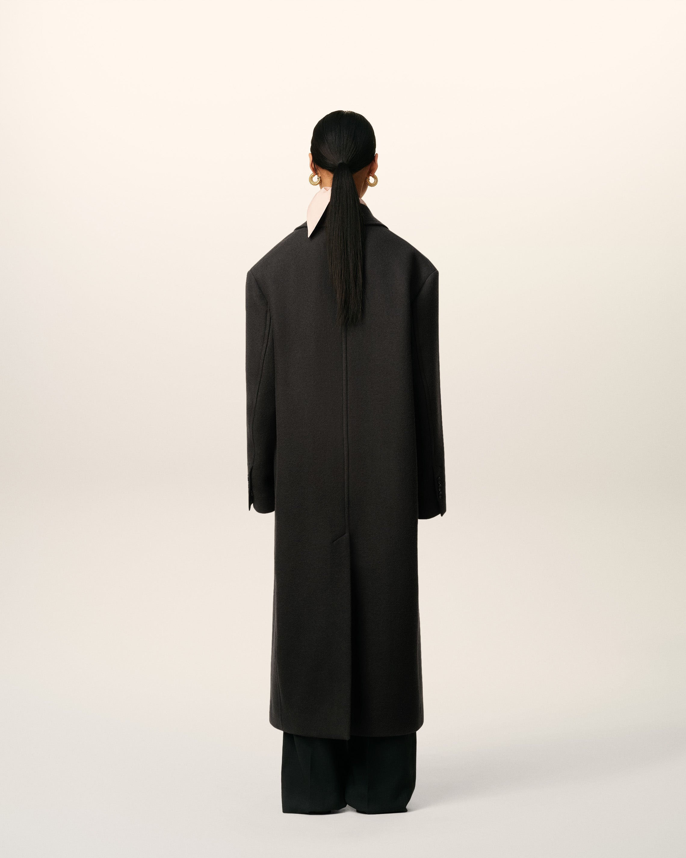 BLACK WOOL DOUBLE BREASTED LONG COAT - 5