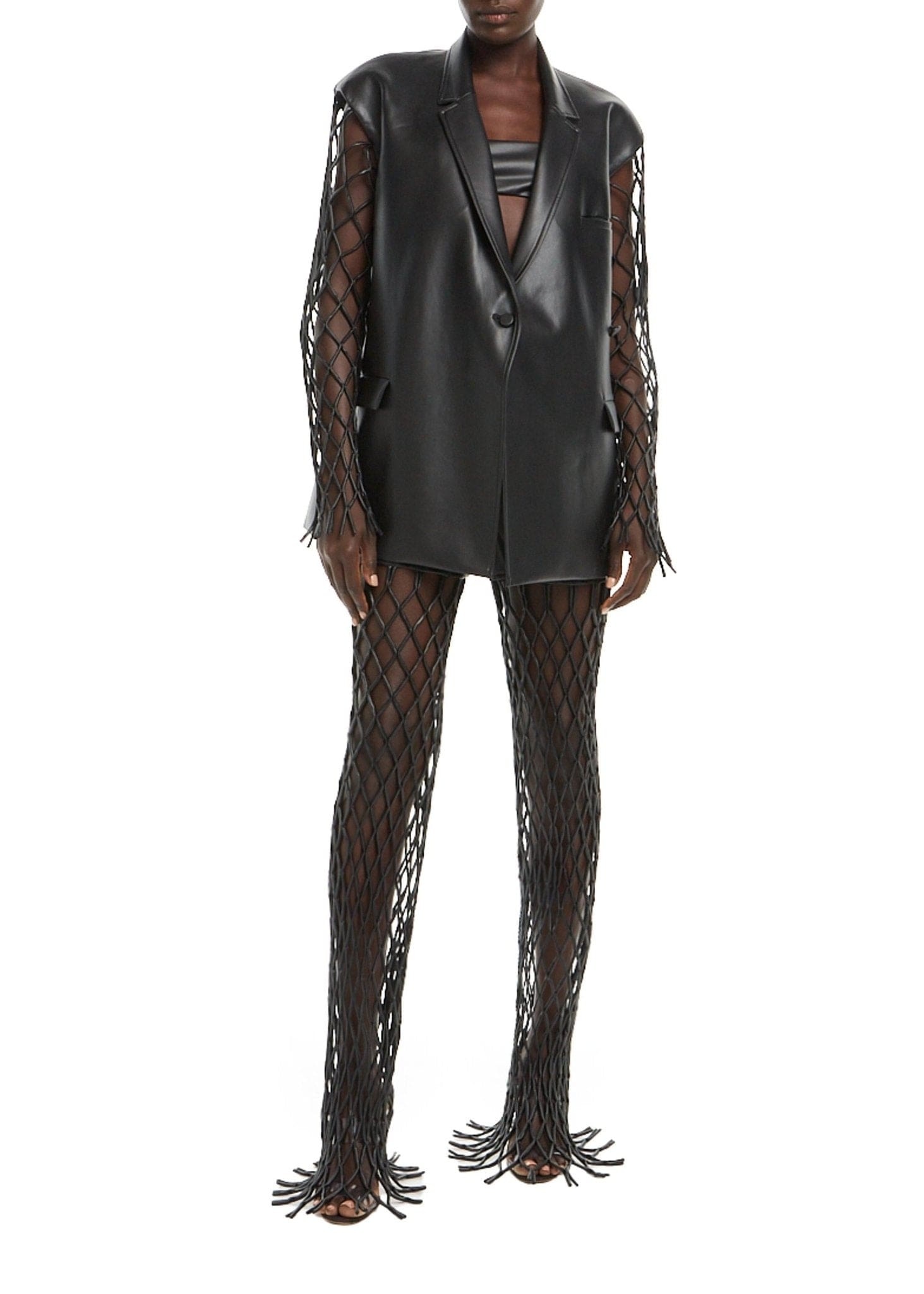 Faux Leather Mesh Blazer - 3