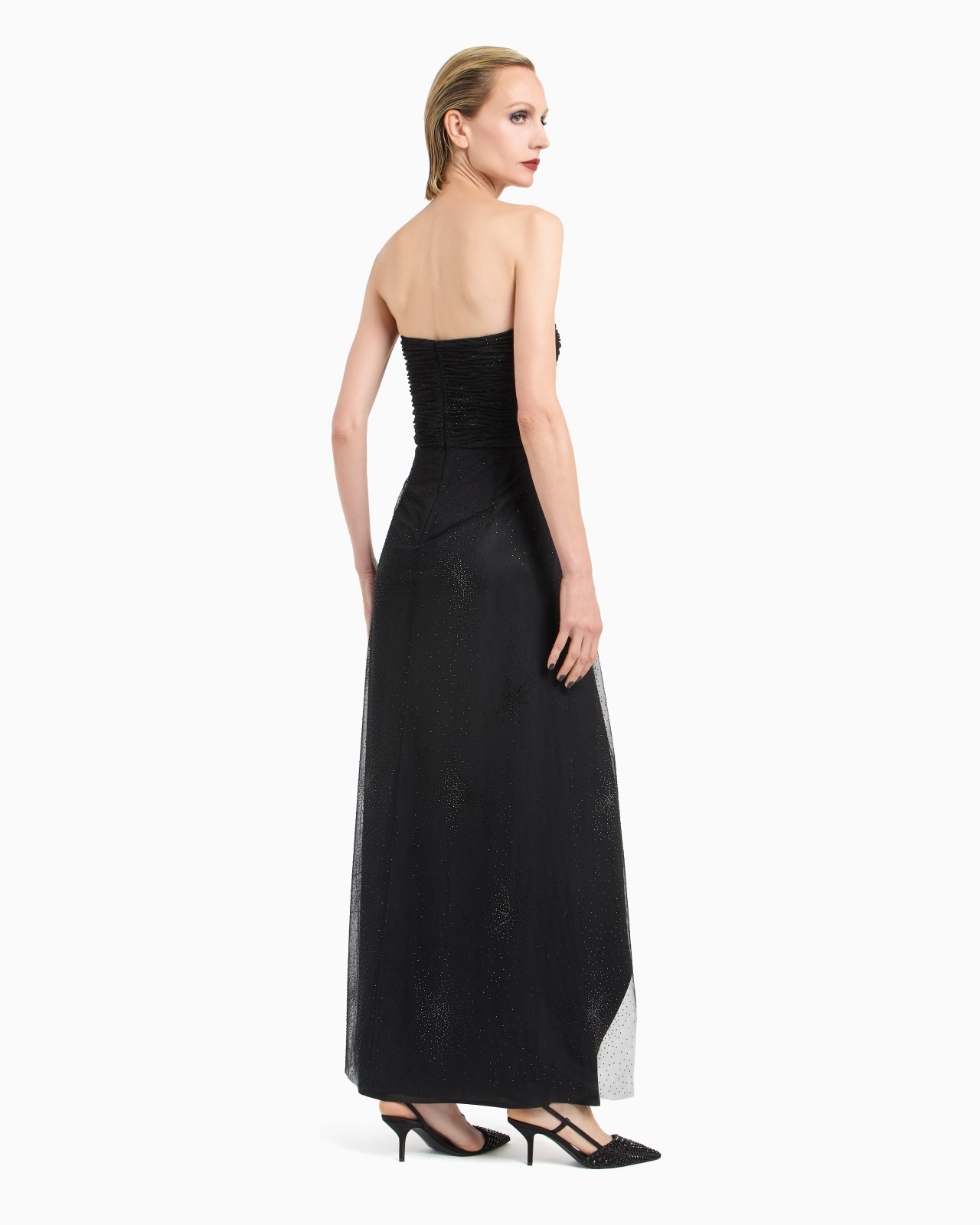 SILK BLEND LONG BUSTIER DRESS WITH RHINESTONE EMBROIDERY - 3