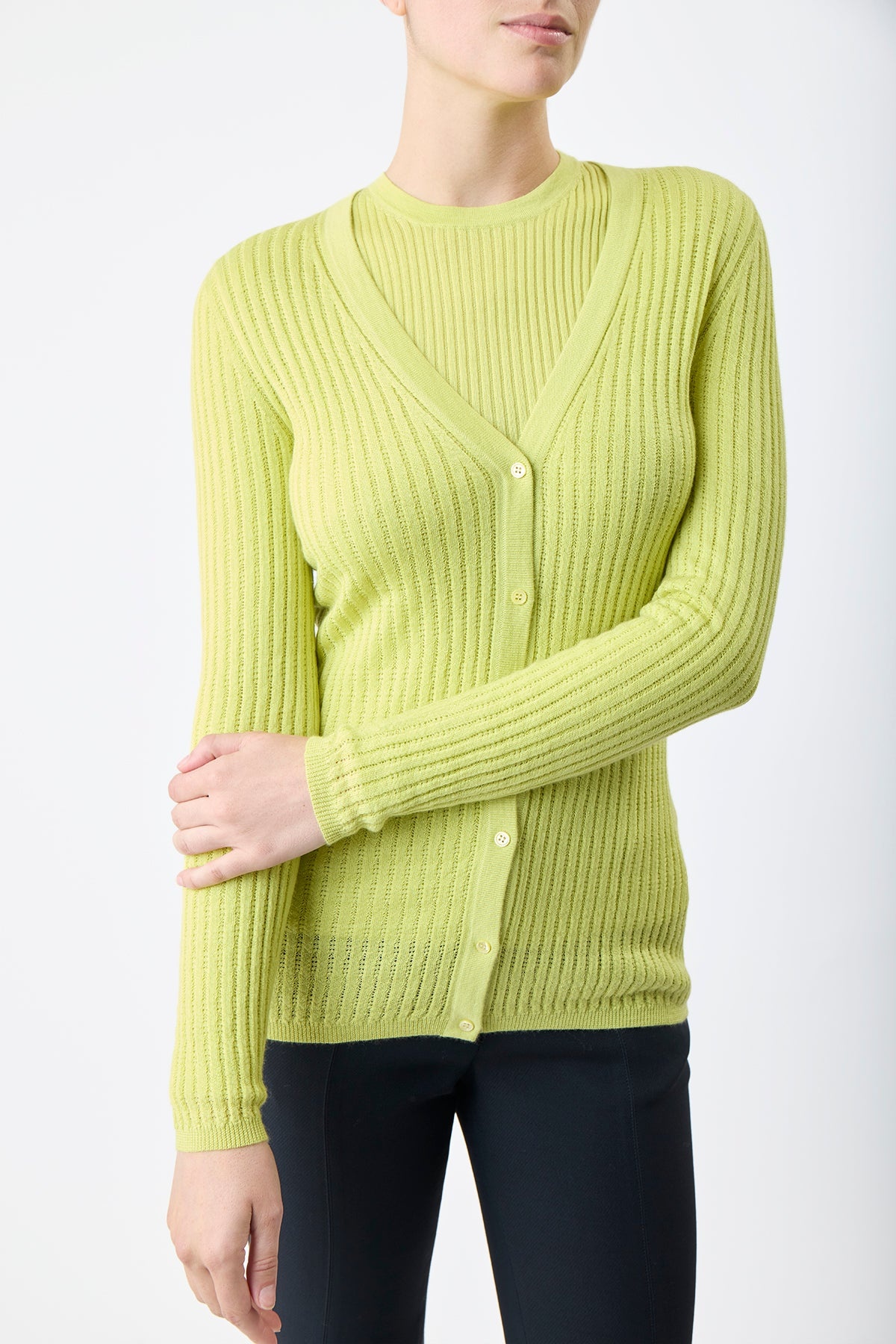 Emma Pointelle Cardigan in Lime Adamite Silk Cashmere - 5