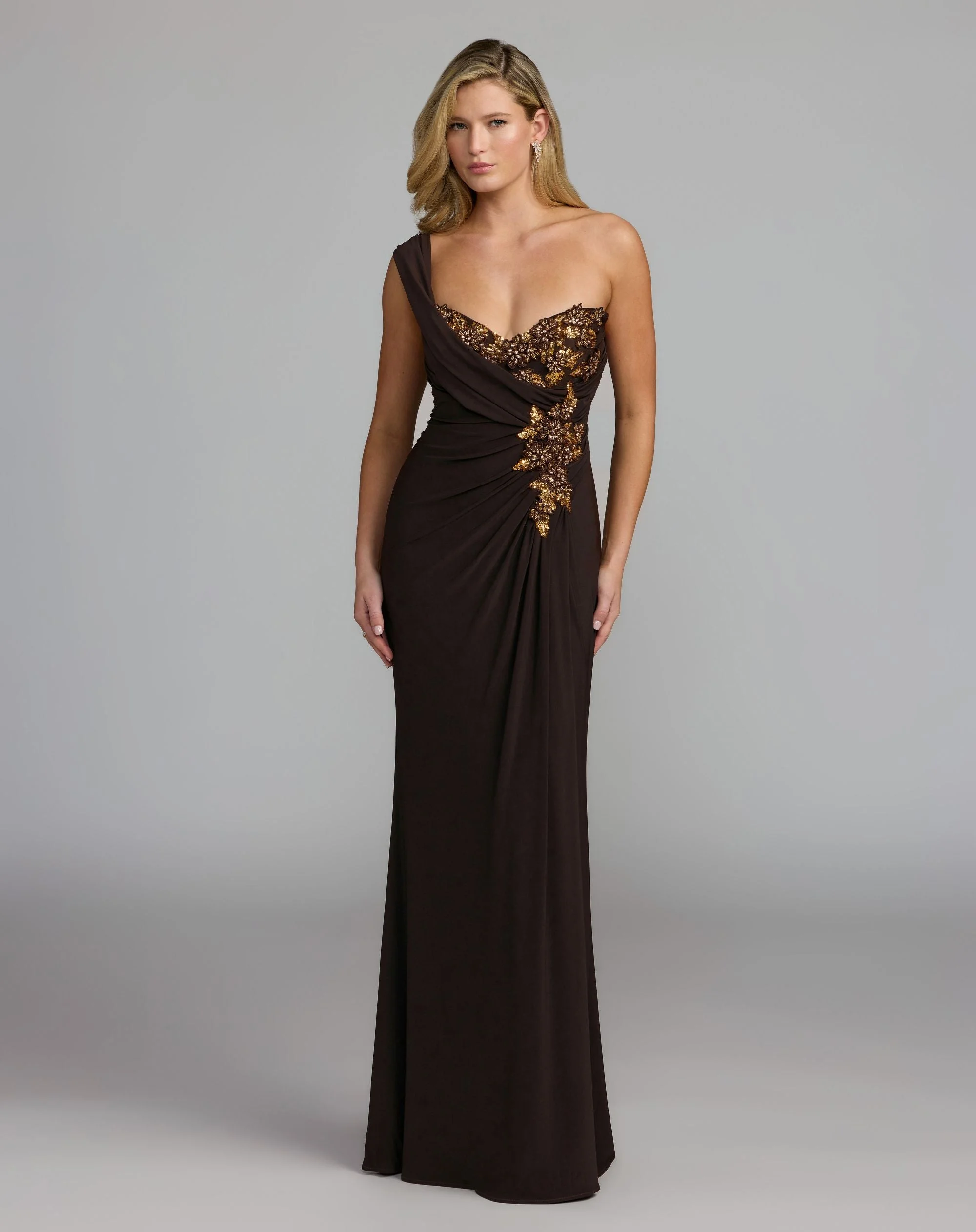 Brown One Shoulder Embellished Jersey Gown - 1