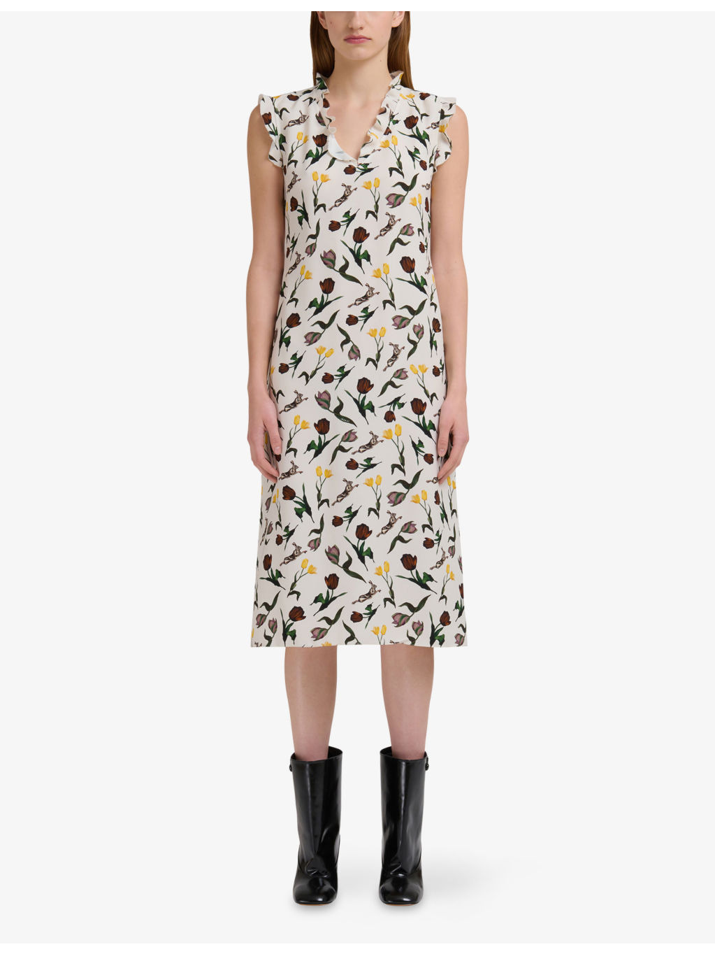 Floral and Hare-Print Ruffled-Trim Satin Midi Dress - 3