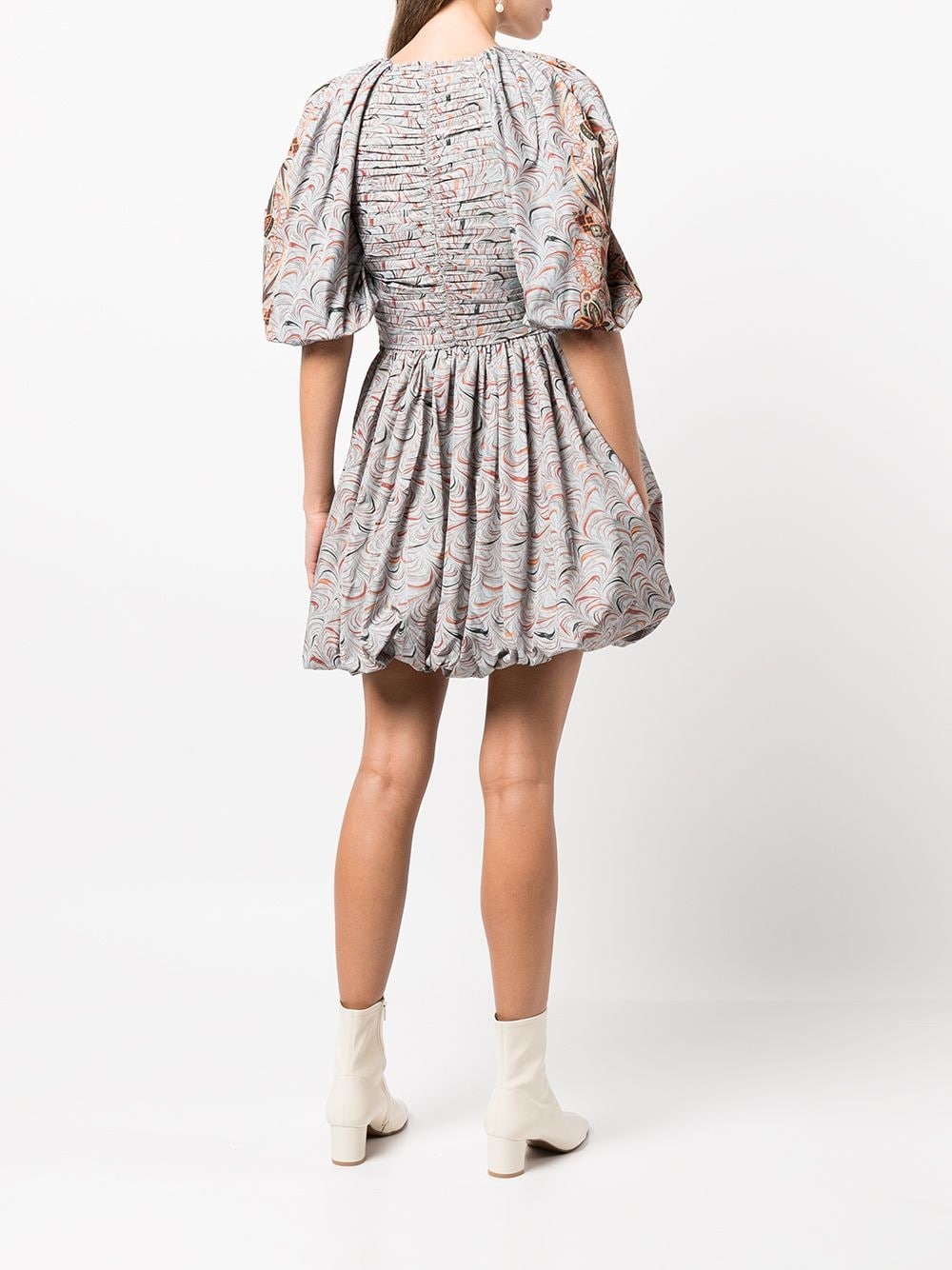 marbled puff-sleeve ruched dress - 4