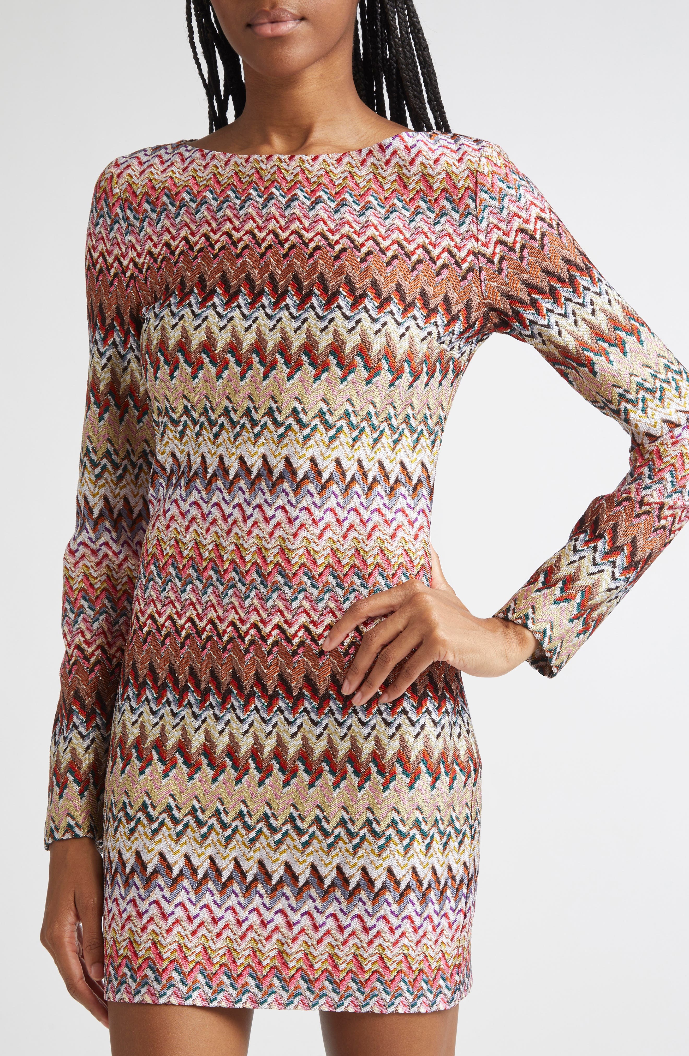 Missoni Metallic Zigzag Long Sleeve Knit Minidress in Pink Multicolor at Nordstrom - 4
