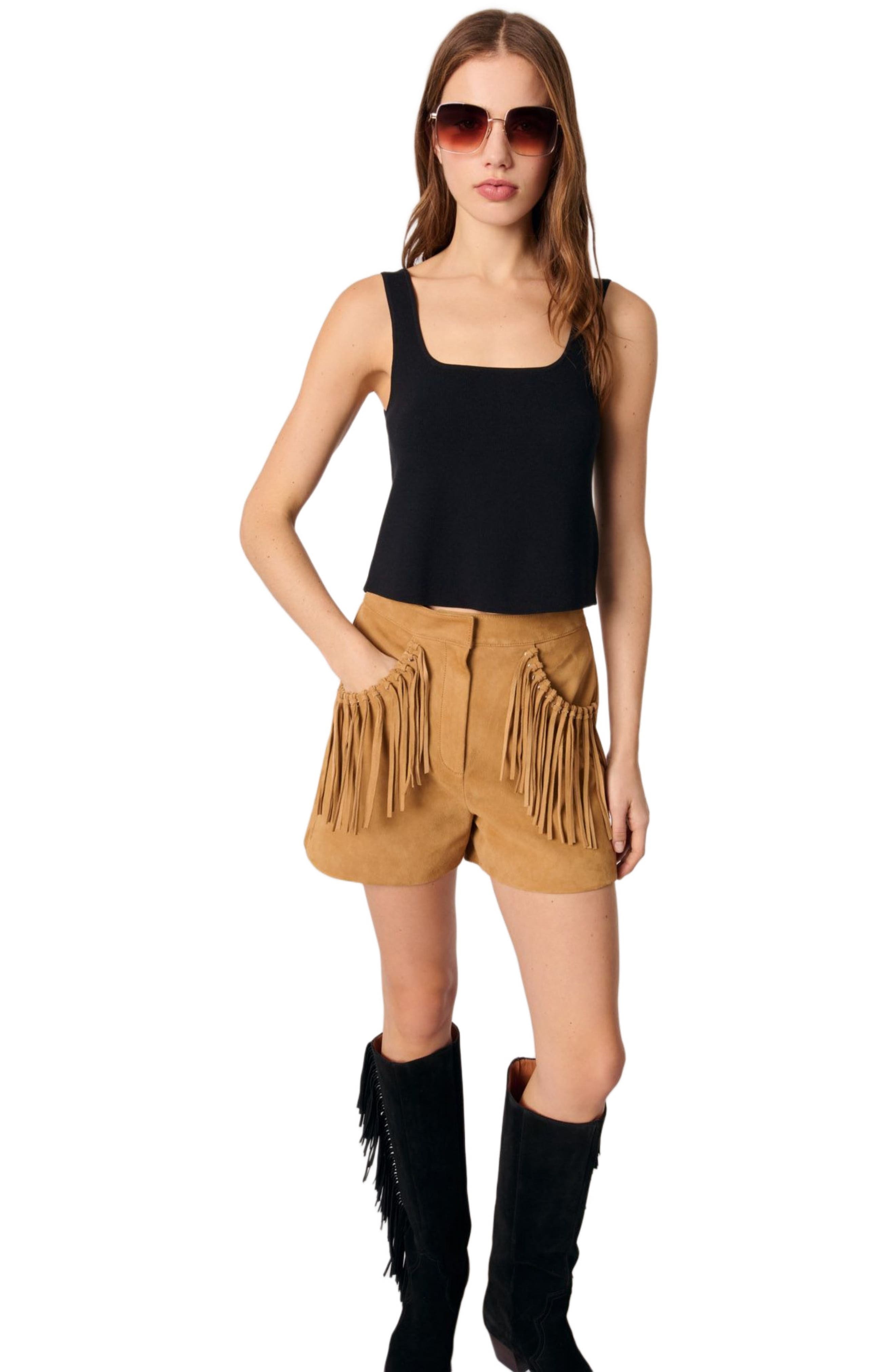 maje Fringed nubuck shorts in Beige at Nordstrom - 5