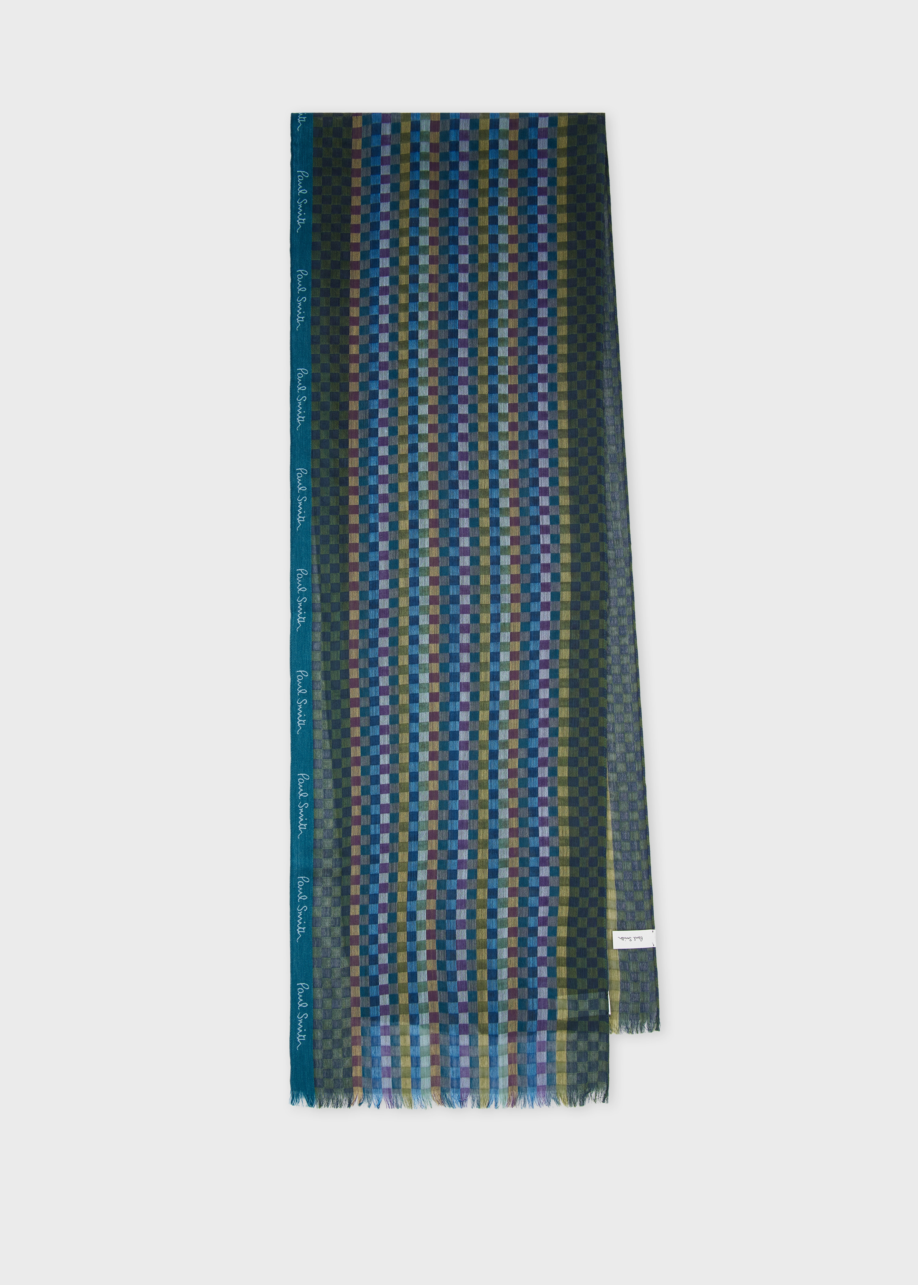 Teal Blue Check Merino Wool-Silk Blend Scarf - 1