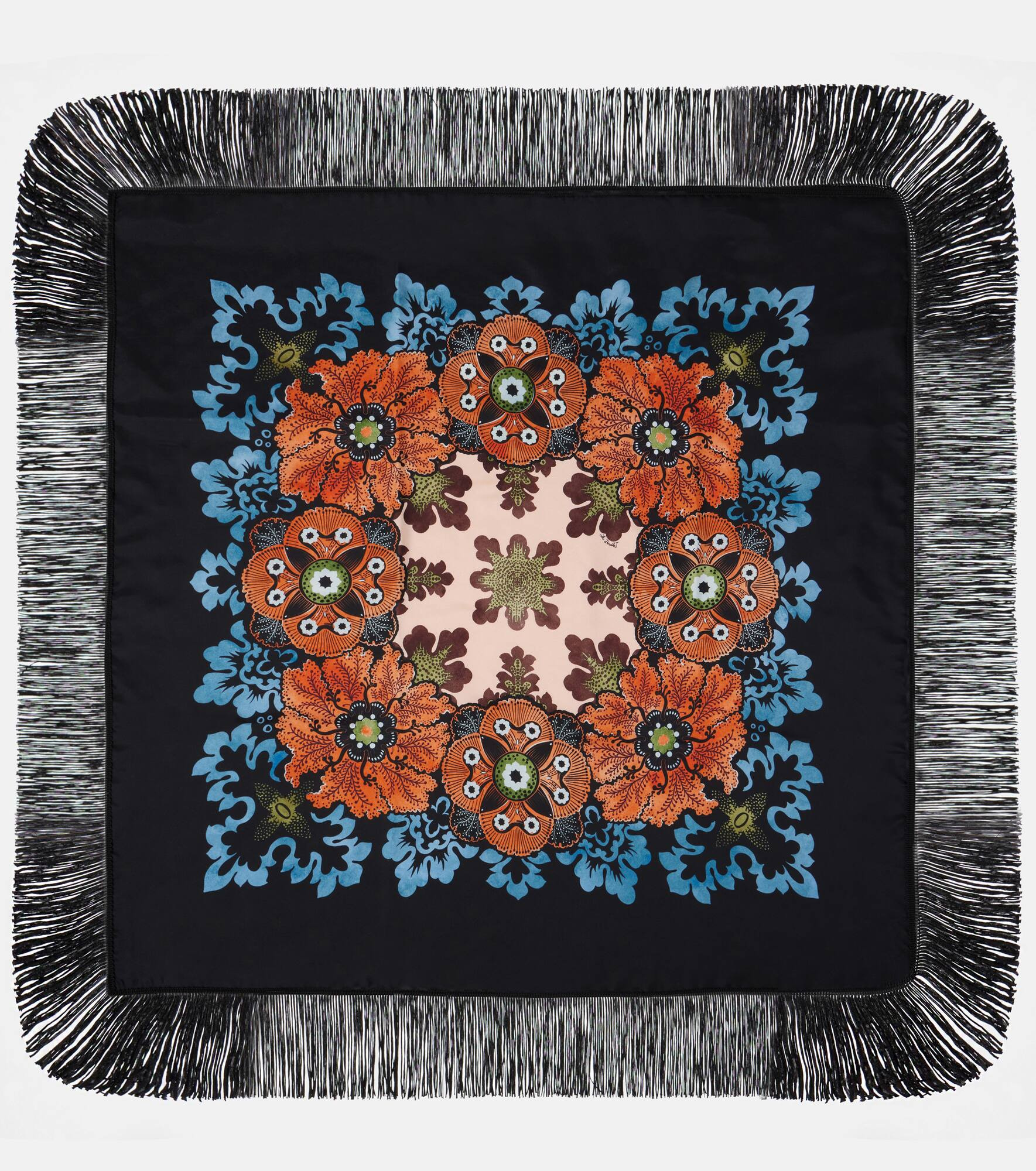 Fringed printed silk twill scarf - 1