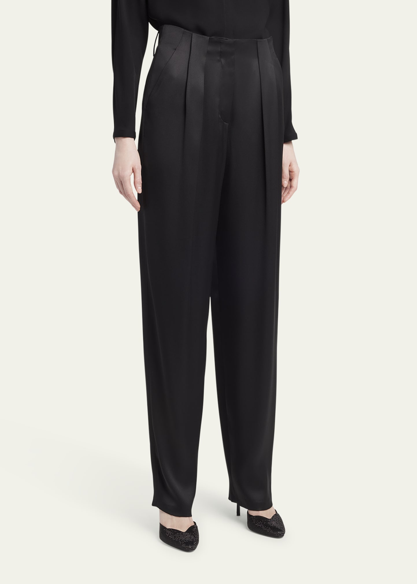 Pleated High-Rise Double Silk Satin Trousers - 4