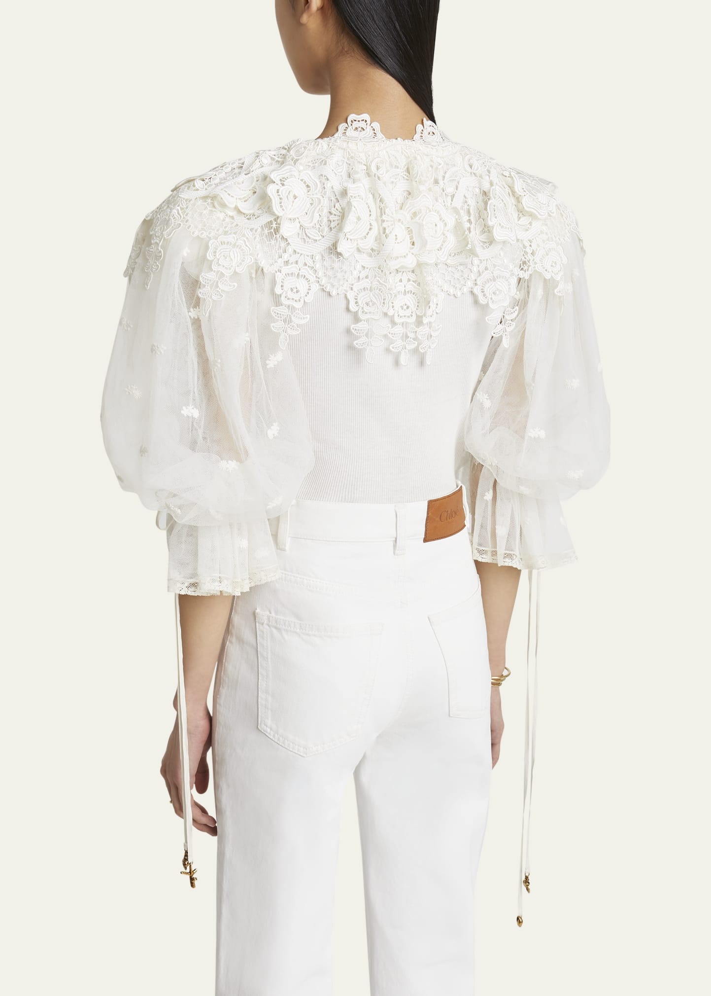 Puff-Sleeve Guipure Lace Bodysuit - 3